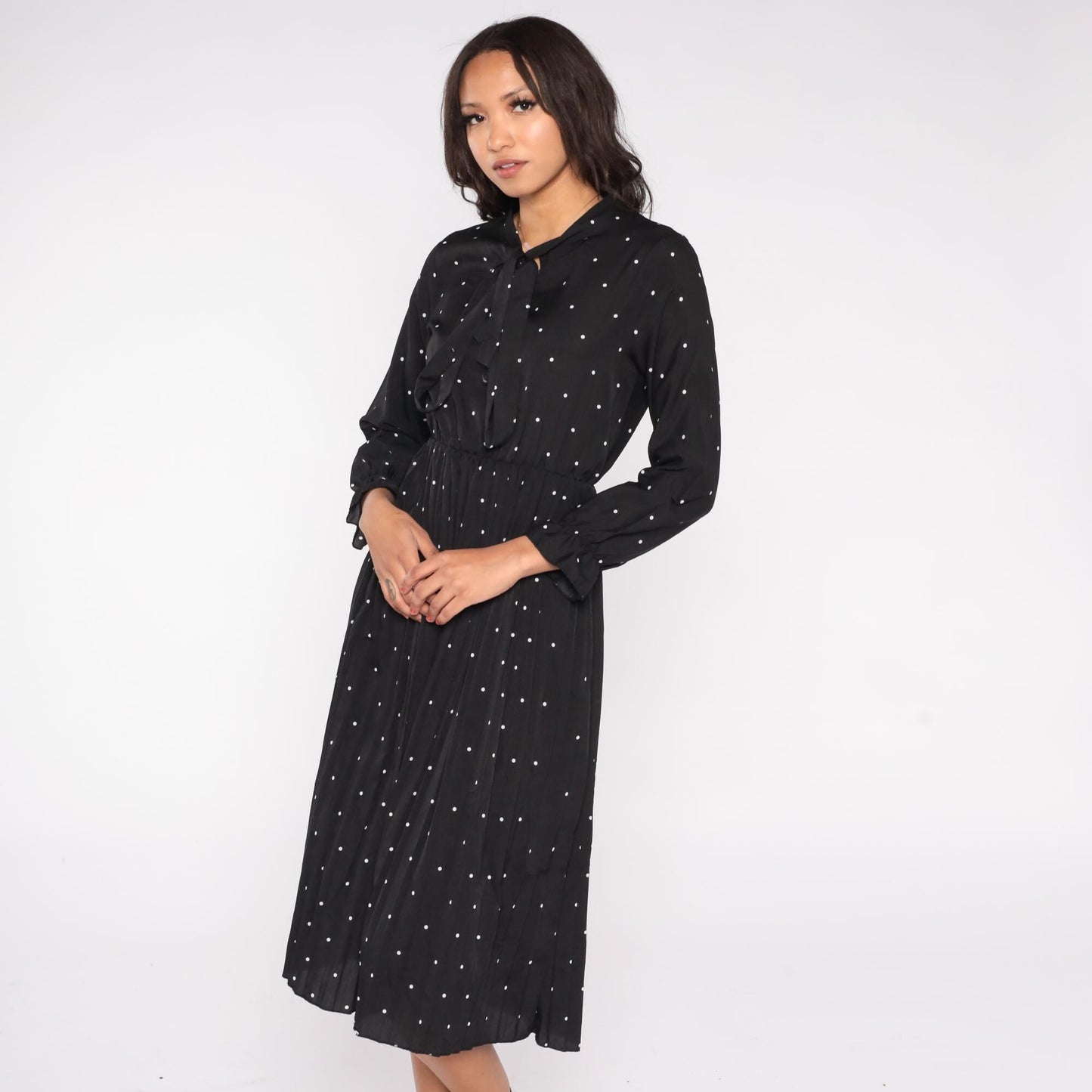 Y2K Black Polka Dot Midi Dress White Dots Pussy Bow Long Sleeve Medium