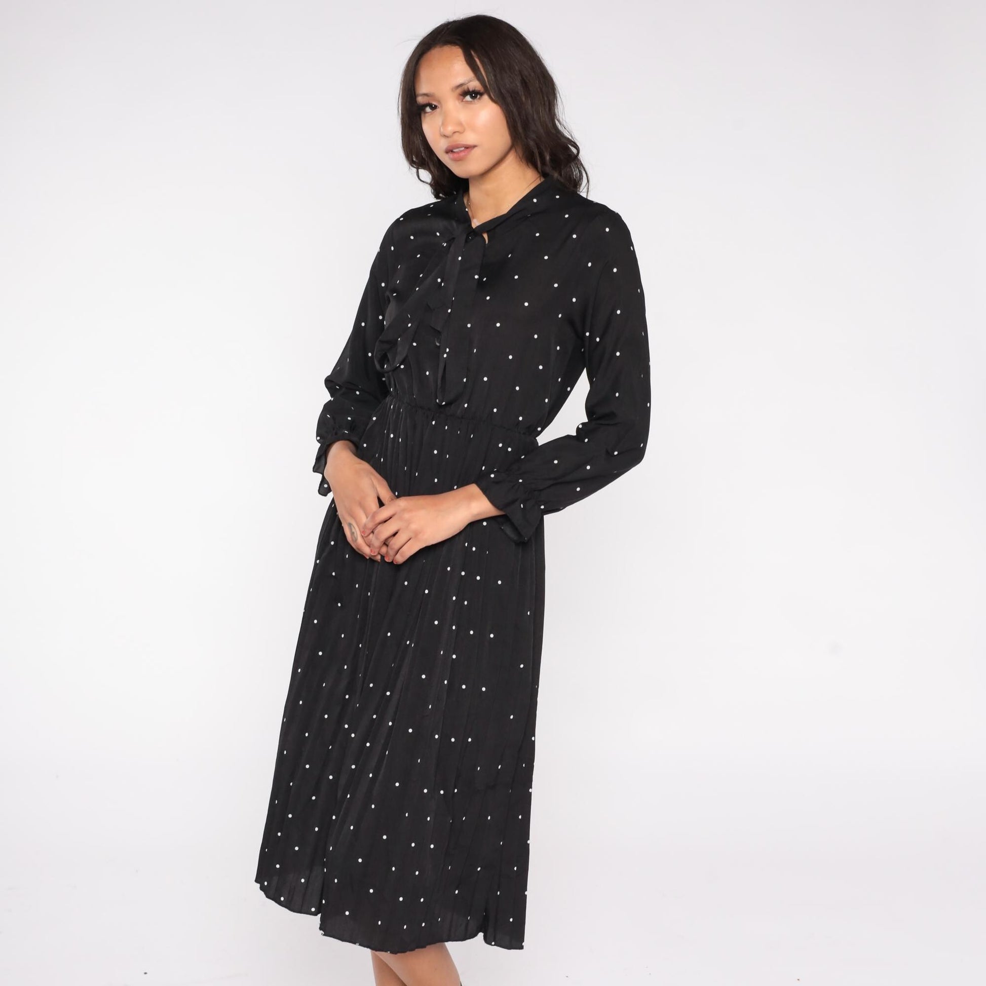 Y2K Black Polka Dot Midi Dress White Dots Pussy Bow Long Sleeve Medium