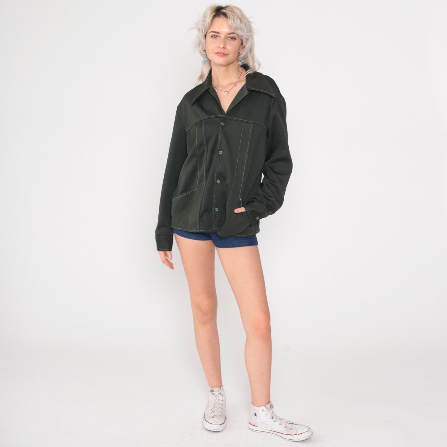 70s Wrangler Olive Green Shacket Button Up Shirt Jacket Large L