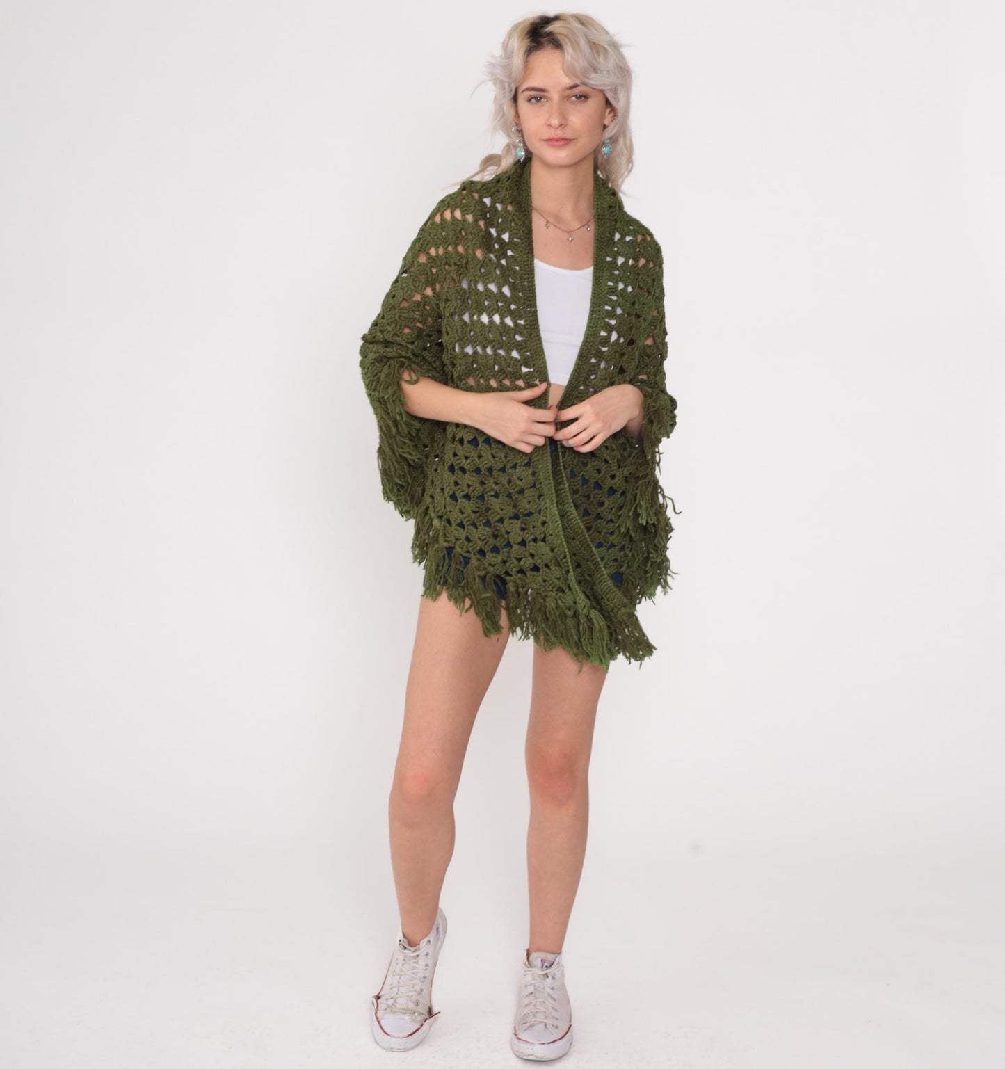 70s Olive Green Crochet Poncho Shawl Fringe Cape One Size