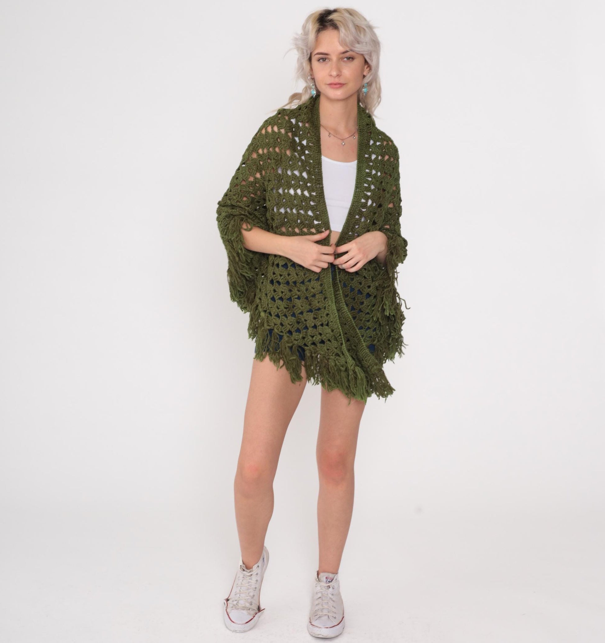 70s Olive Green Crochet Poncho Shawl Fringe Cape One Size