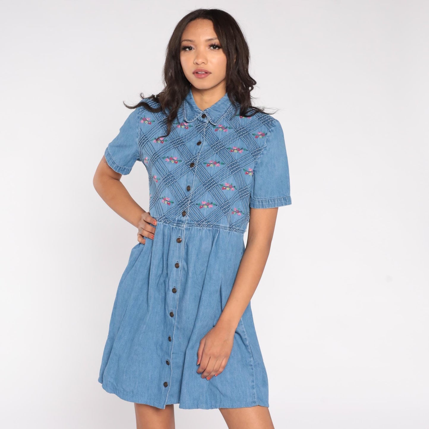 90s Floral Embroidered Denim Mini Dress Blue Collared Short Sleeve Large L