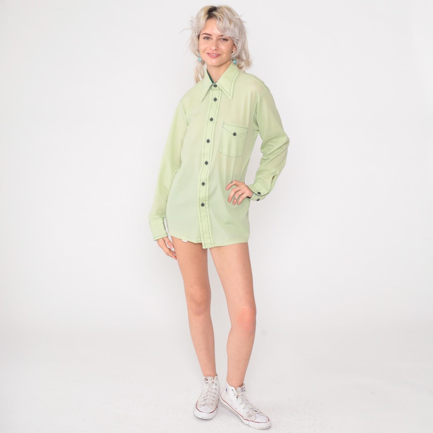 70s Mint Green Button Up Shirt Long Sleeve Collared Men's Large