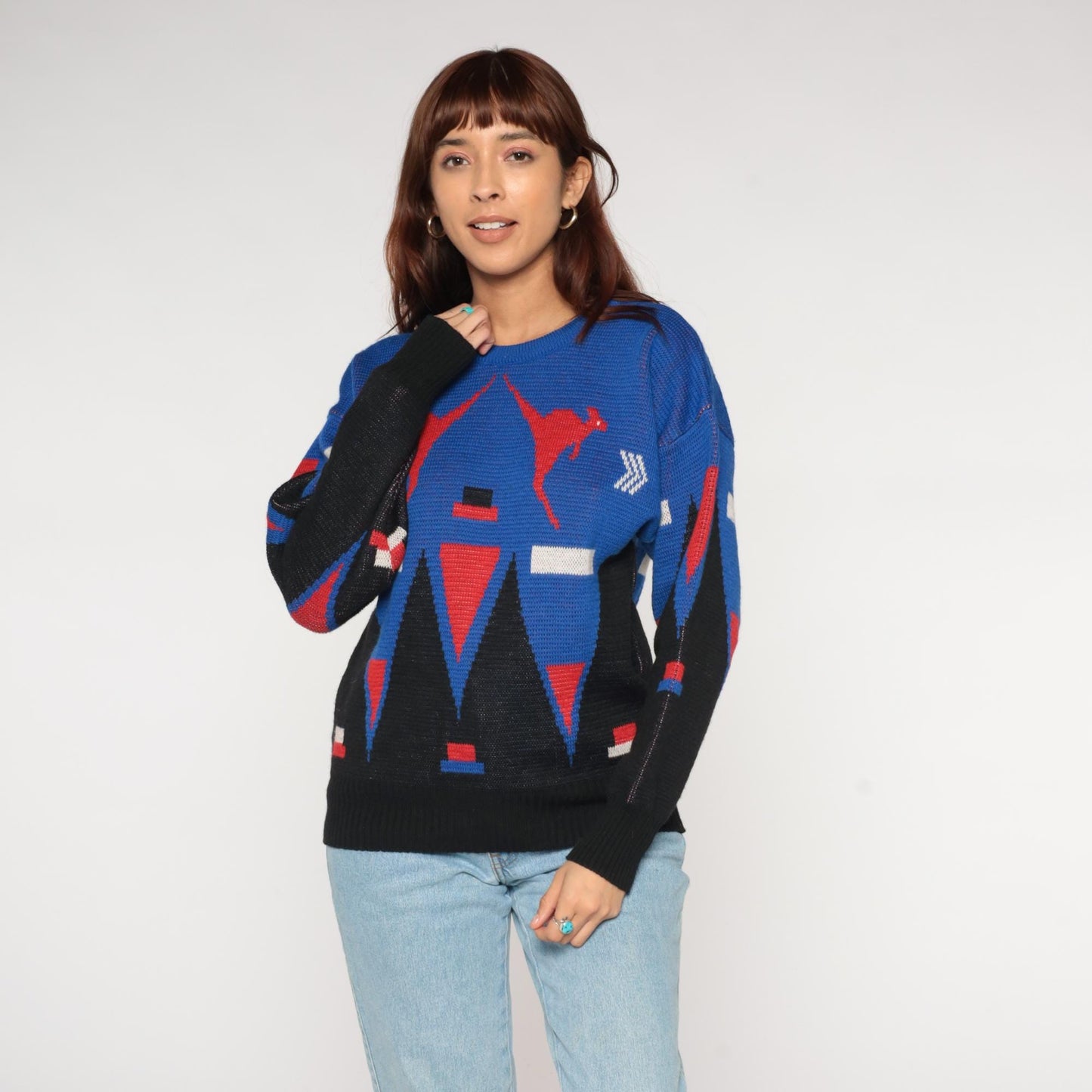 80s Hysport Australian Wool Sweater Kangaroo Geometric Colorblock Royal Blue Medium