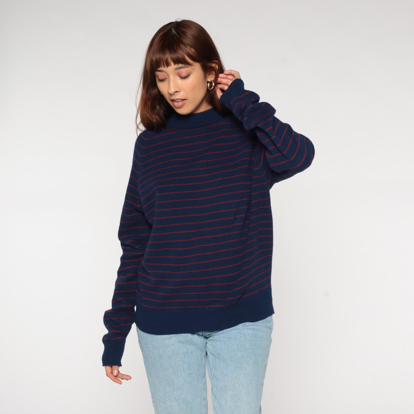 80s Vaughn Lambswool Nautical Sweater Navy Striped Mock Neck Medium
