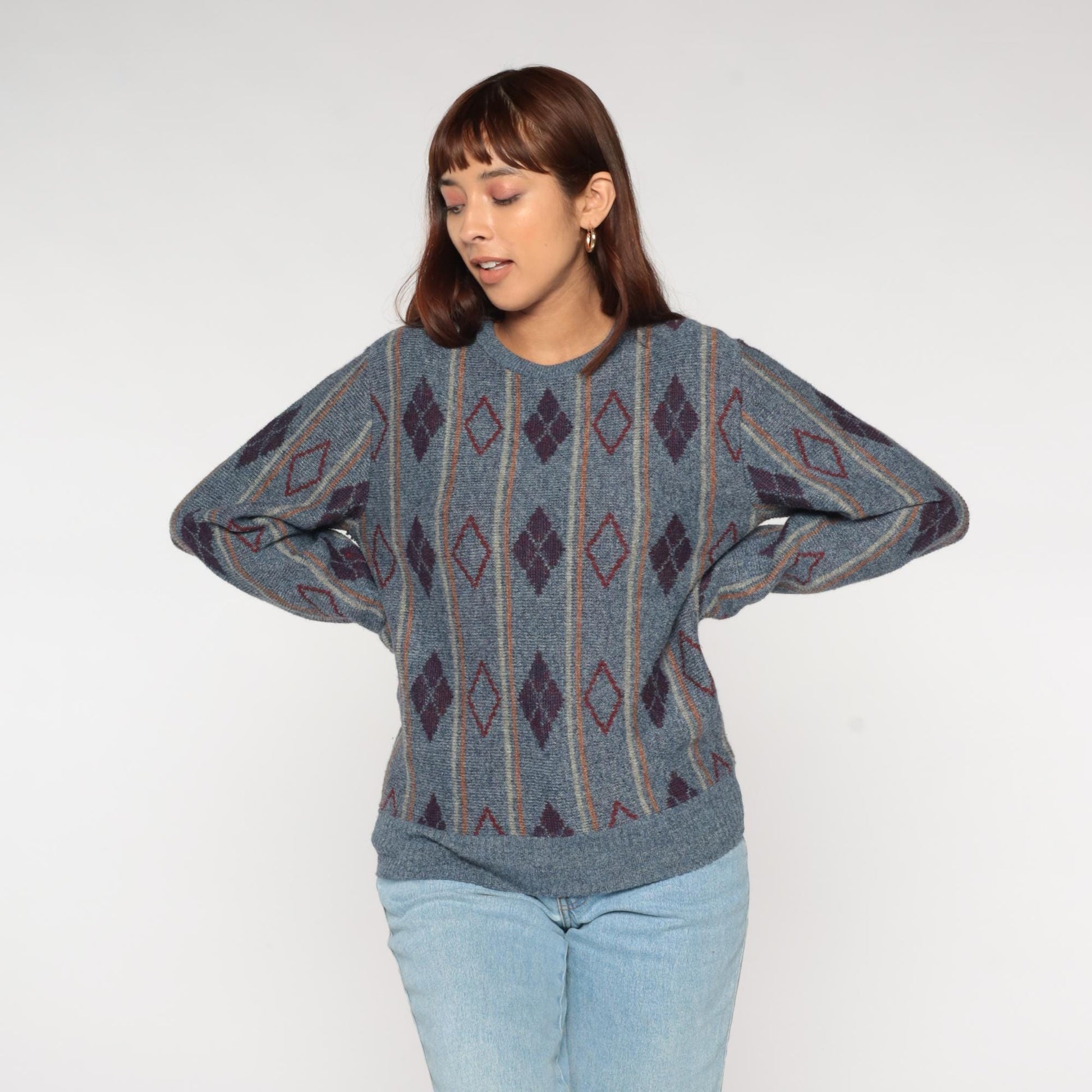 80s Diamond Argyle Wool Mohair Sweater Crewneck Blue Burgundy Medium