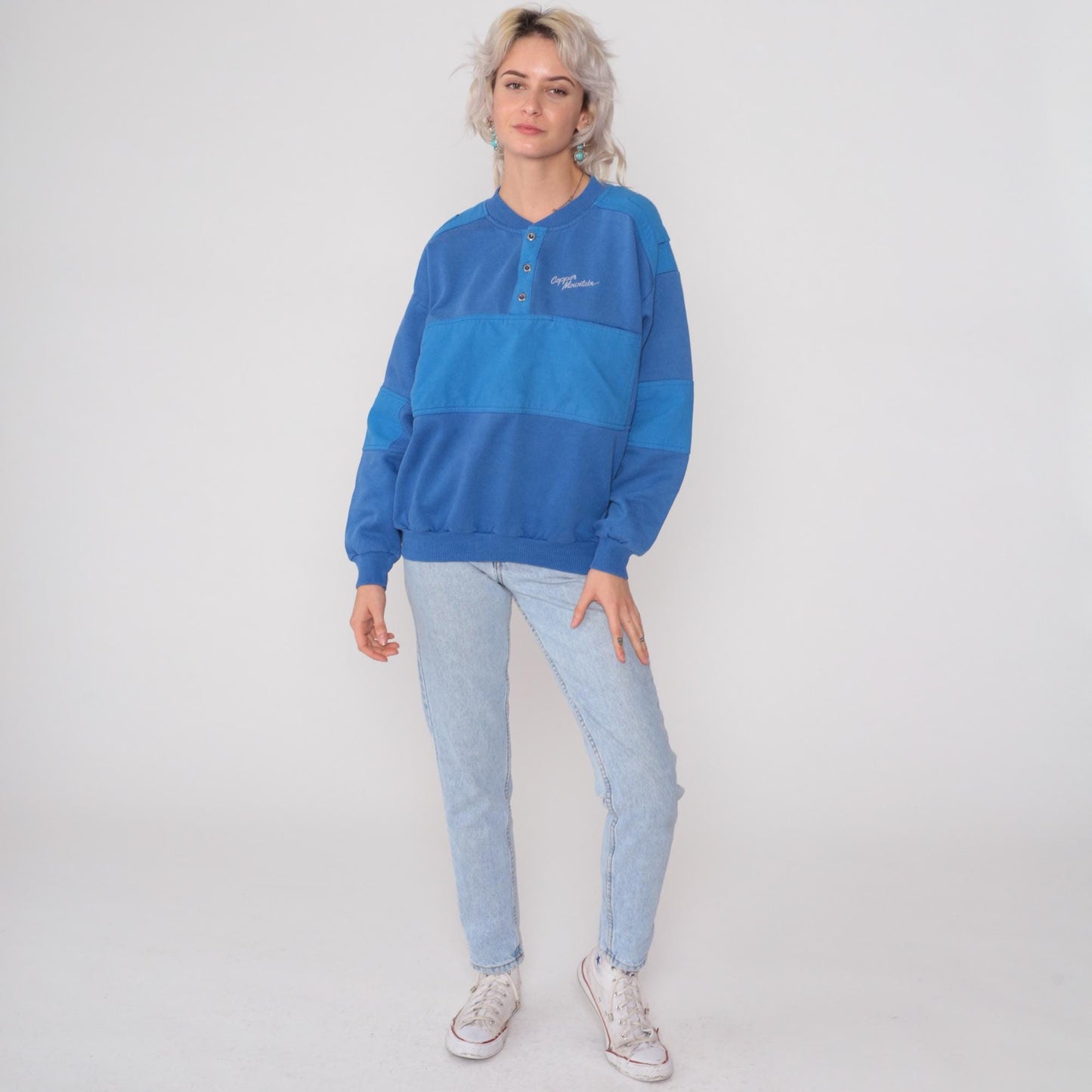 80s Copper Mountain Ski Henley Sweatshirt Blue Color Block Large L