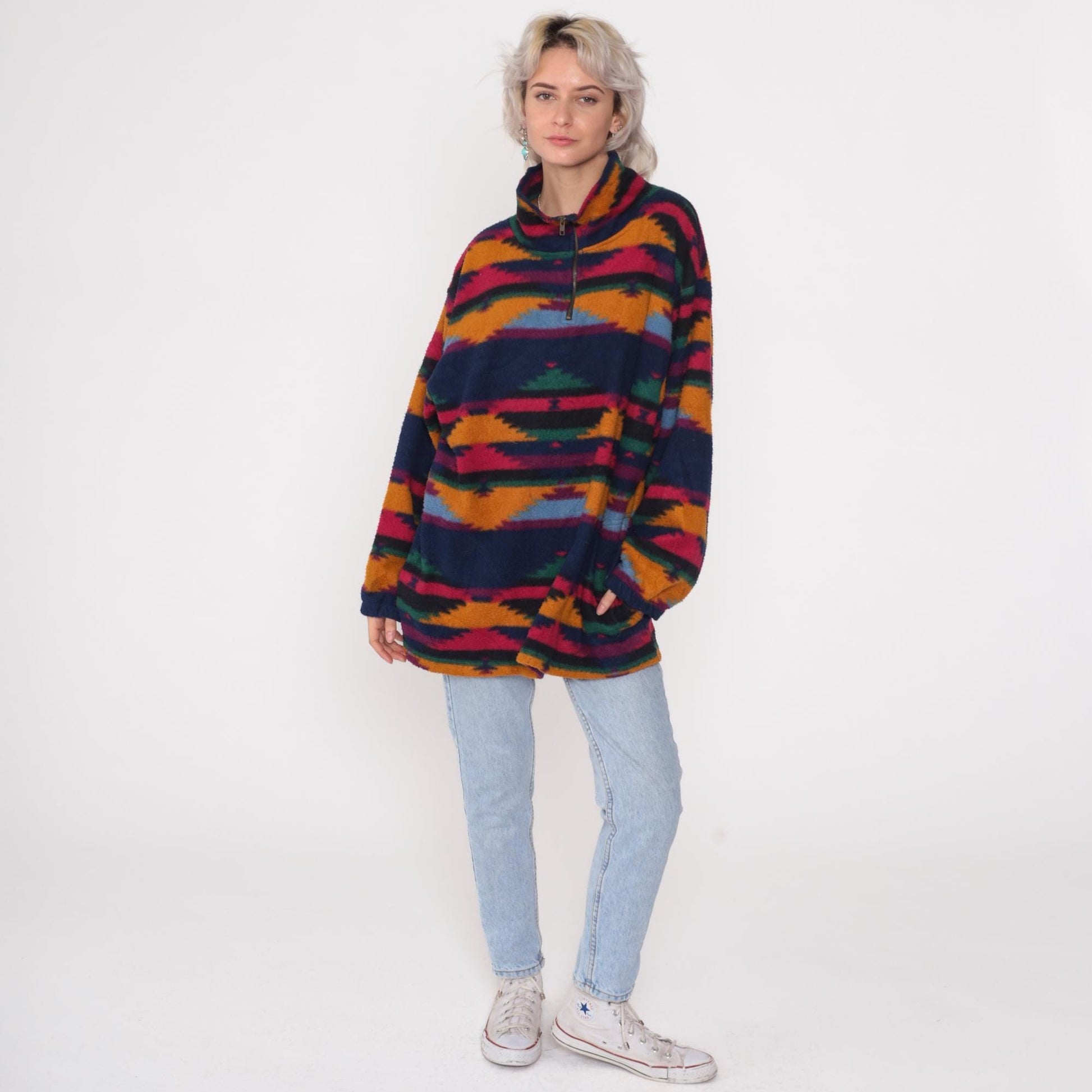 90s Denim Express Aztec Fleece Half-Zip Pullover Multicolor Tribal Large L