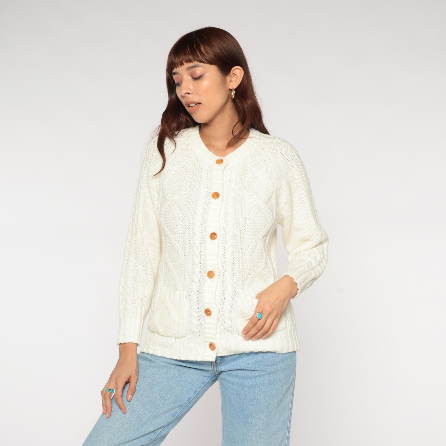 70s Knitivo Cable Knit Cardigan Cream Wood Buttons Pockets Medium M