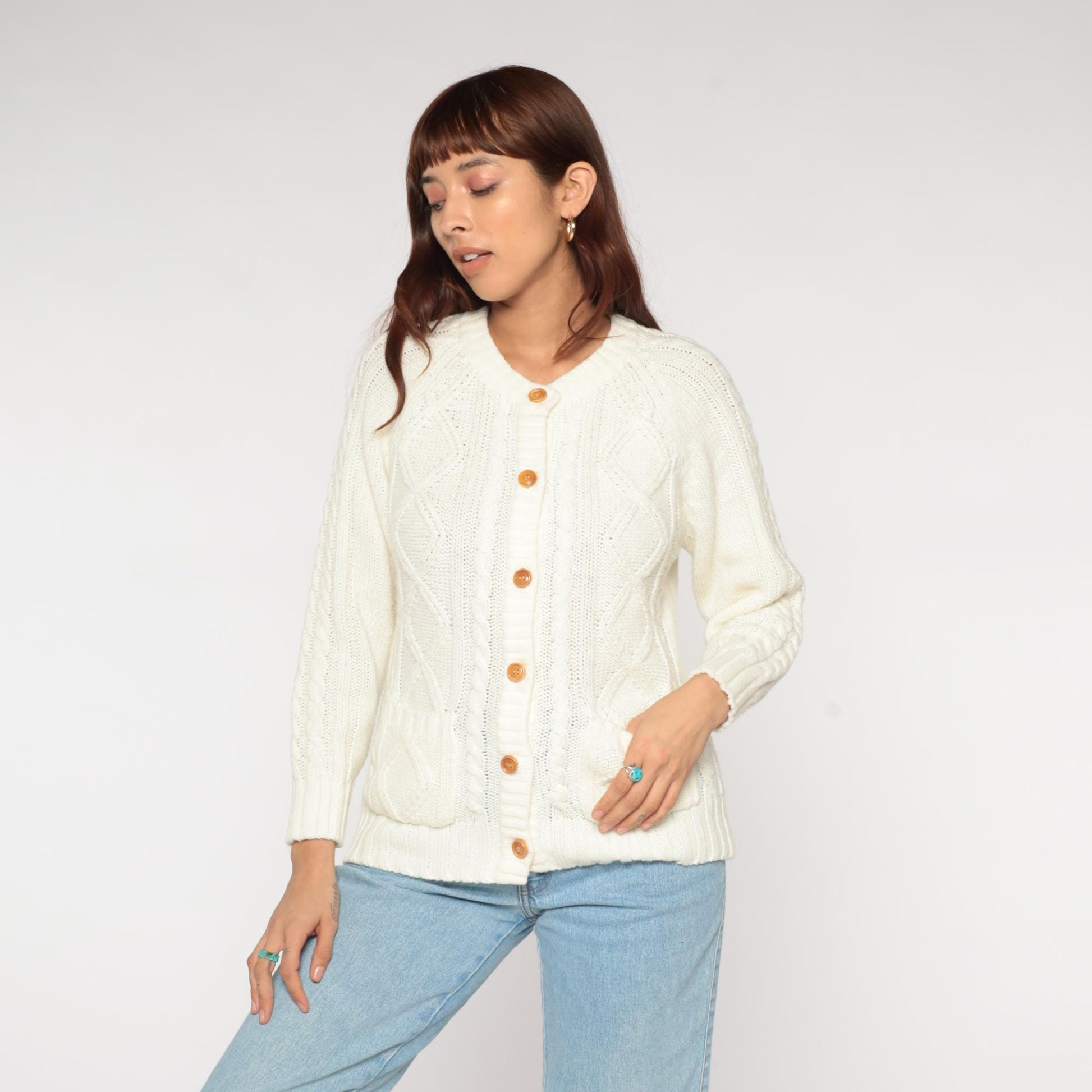70s Knitivo Cable Knit Cardigan Cream Wood Buttons Pockets Medium M