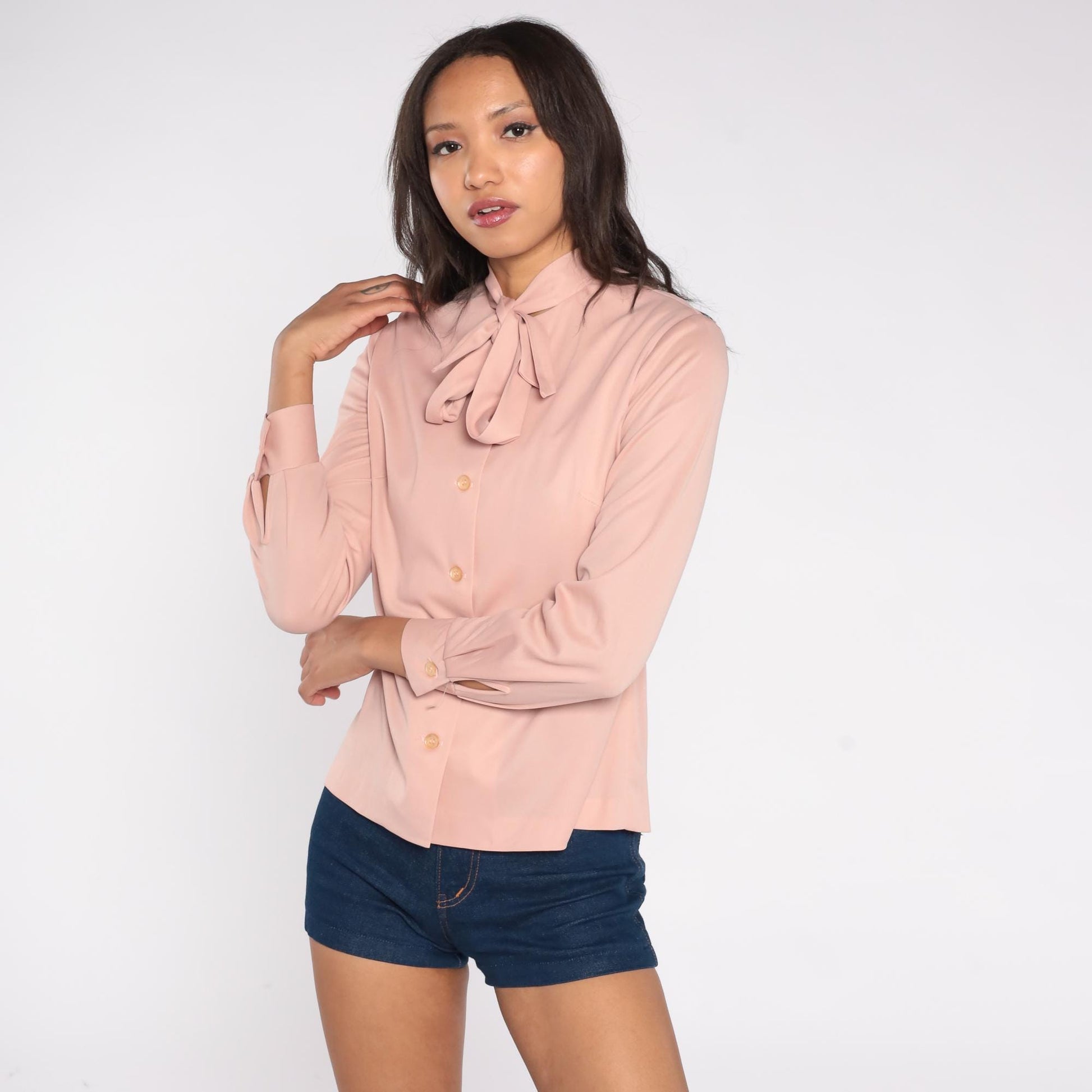 70s Sir Julian Blush Pink Pussy Bow Blouse Long Sleeve Button-Down Small S