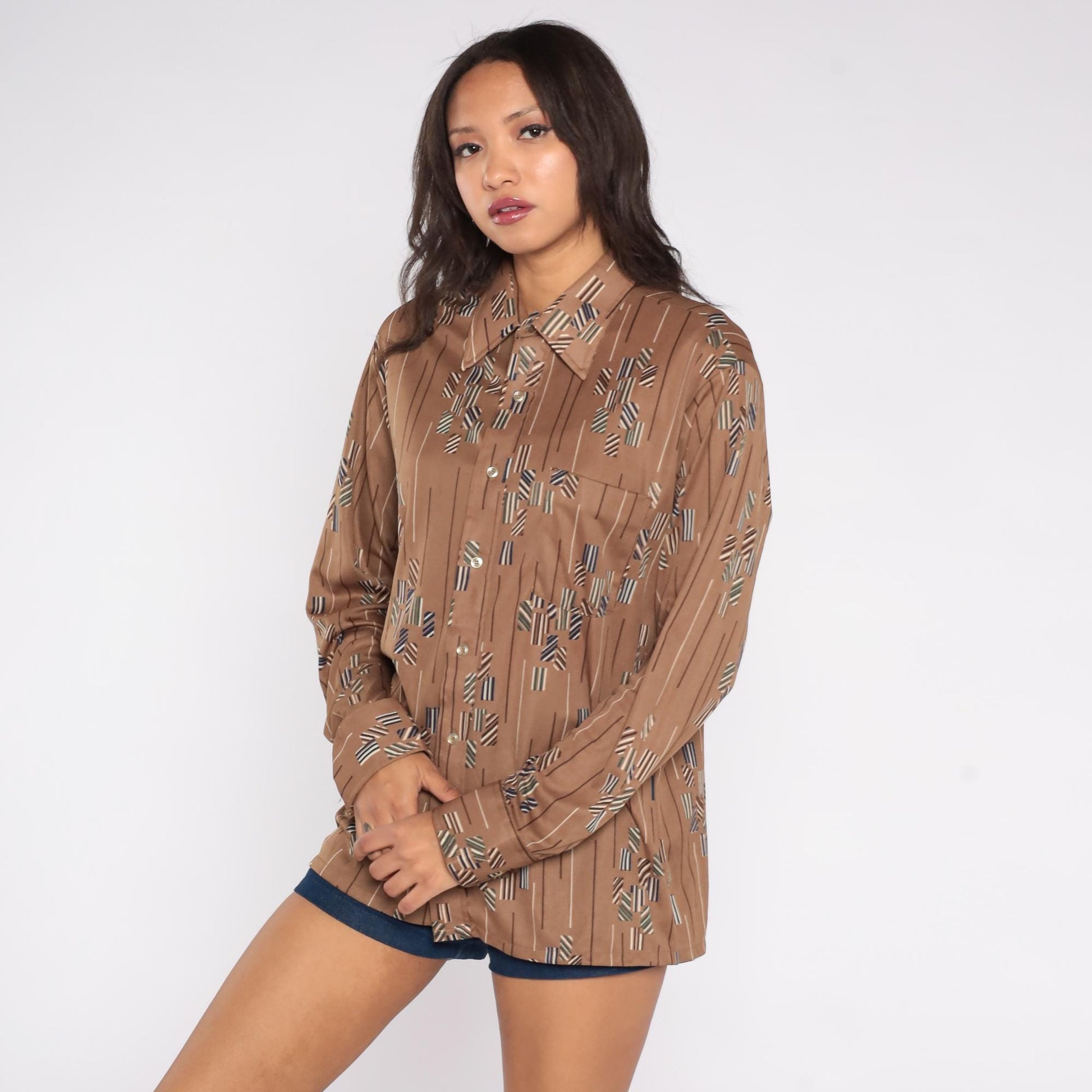 70s Moving Up Abstract Geometric Striped Button-Down Shirt Brown Tan Large