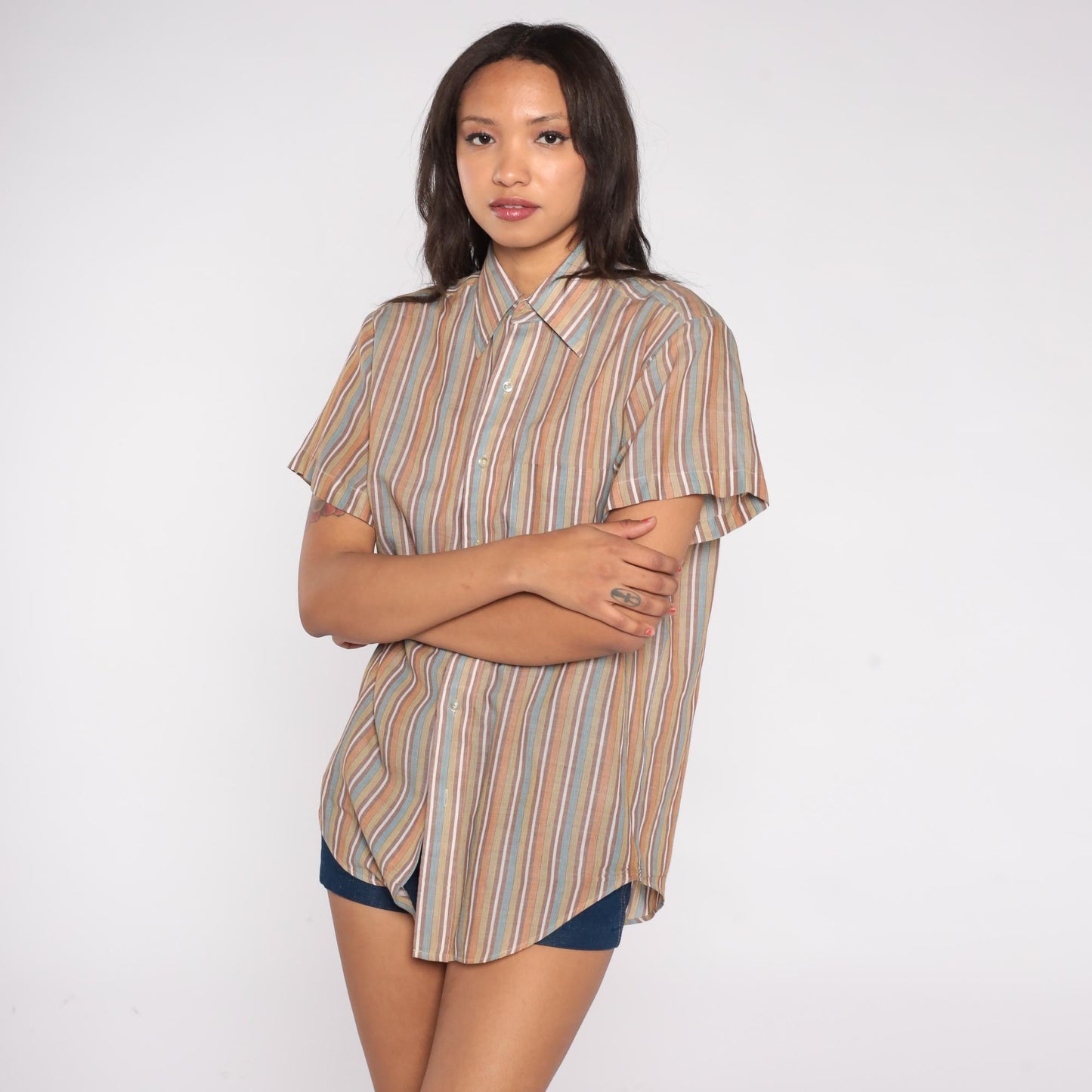 80s Exclusive Multicolor Striped Button-Down Shirt Tan Blue Peach Medium