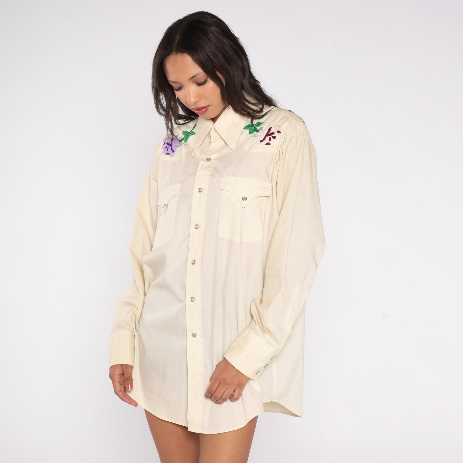 70s Lee Western Shirt Cream Floral Embroidered Pearl Snap Unisex Large