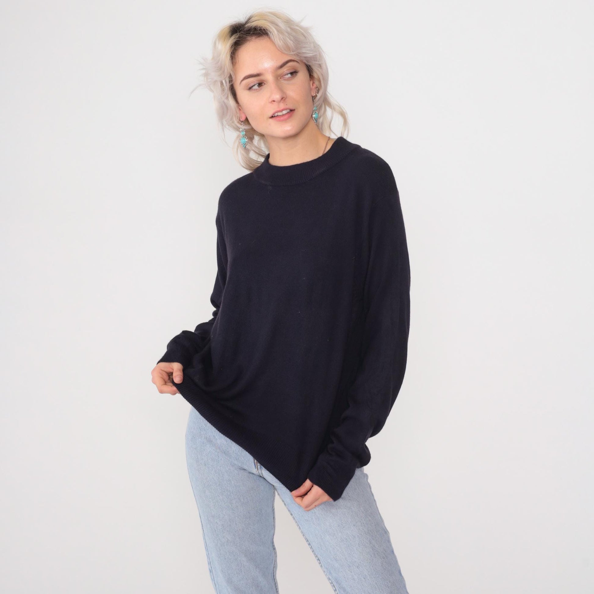 90s Black Crew Neck Sweater Drop Shoulder Pullover Medium M