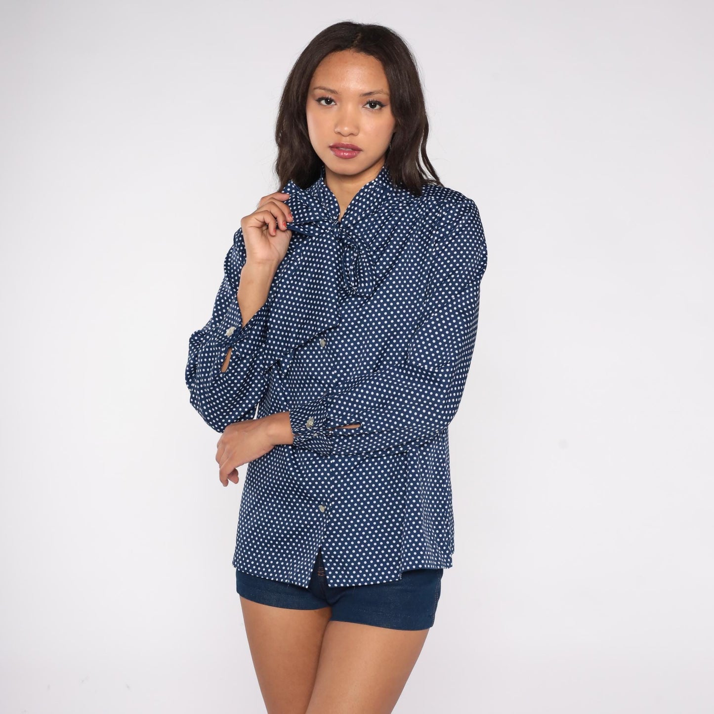 80s Navy Polka Dot Button-Down Blouse White Dots Pussy Bow Medium M