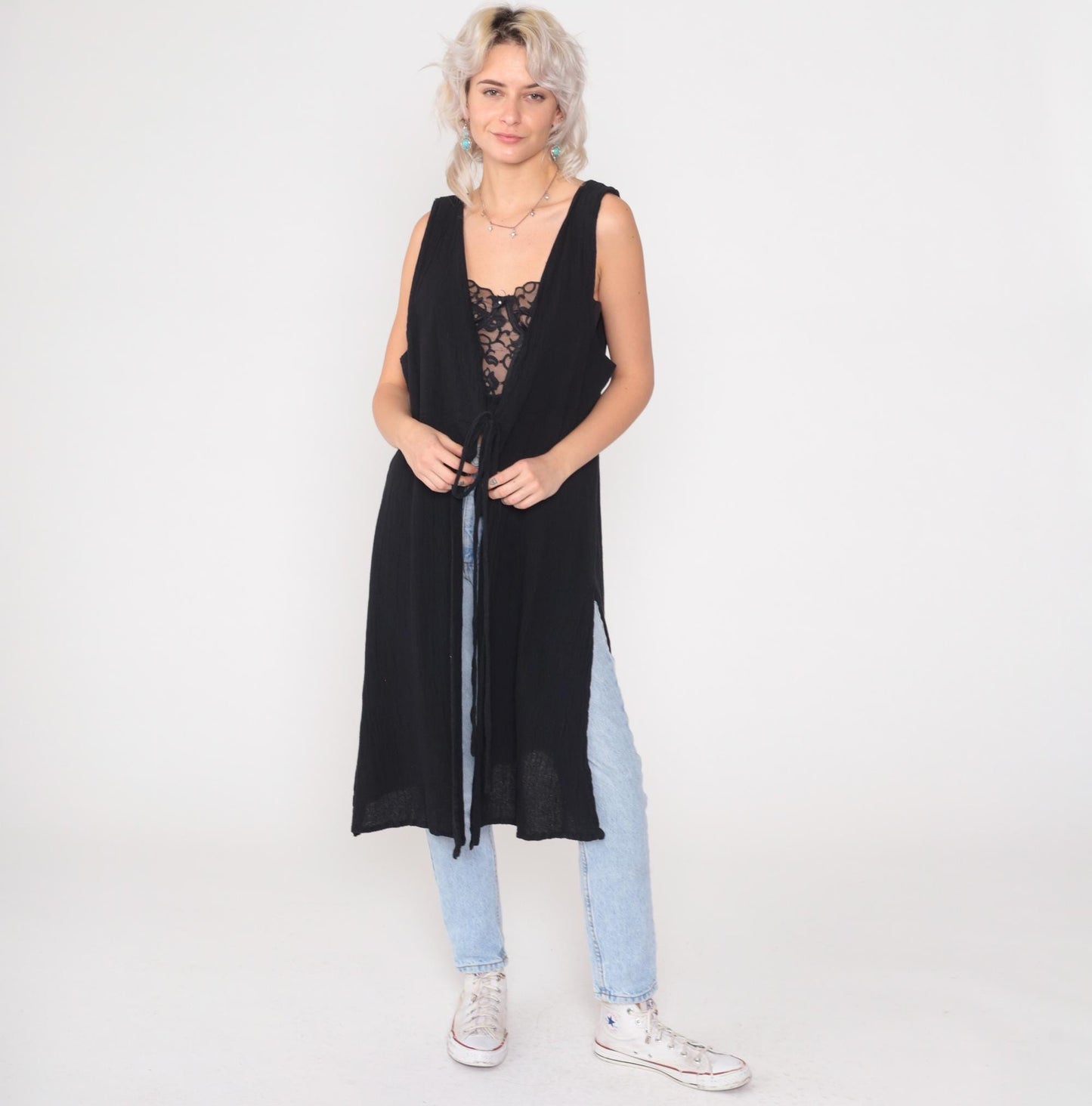 Y2K Black Cotton Vest Dress Tie Front Long Duster Side Slit Large L