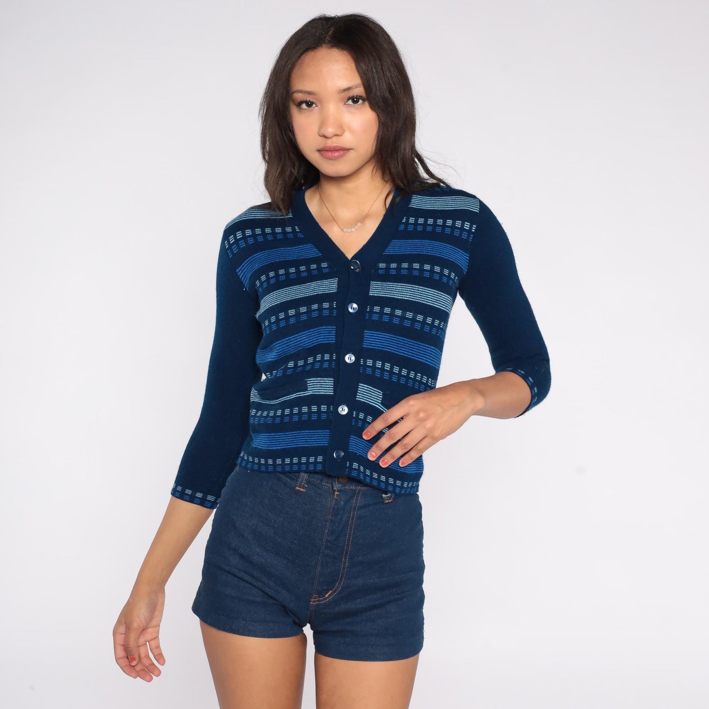 80s Navy Striped Knit Cardigan V-Neck Button Front 3/4 Sleeve Extra Small