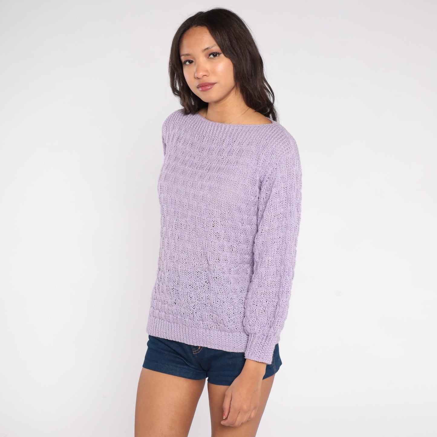 80s Lavender Knit Sweater Loose Weave Crew Neck Pullover Medium M
