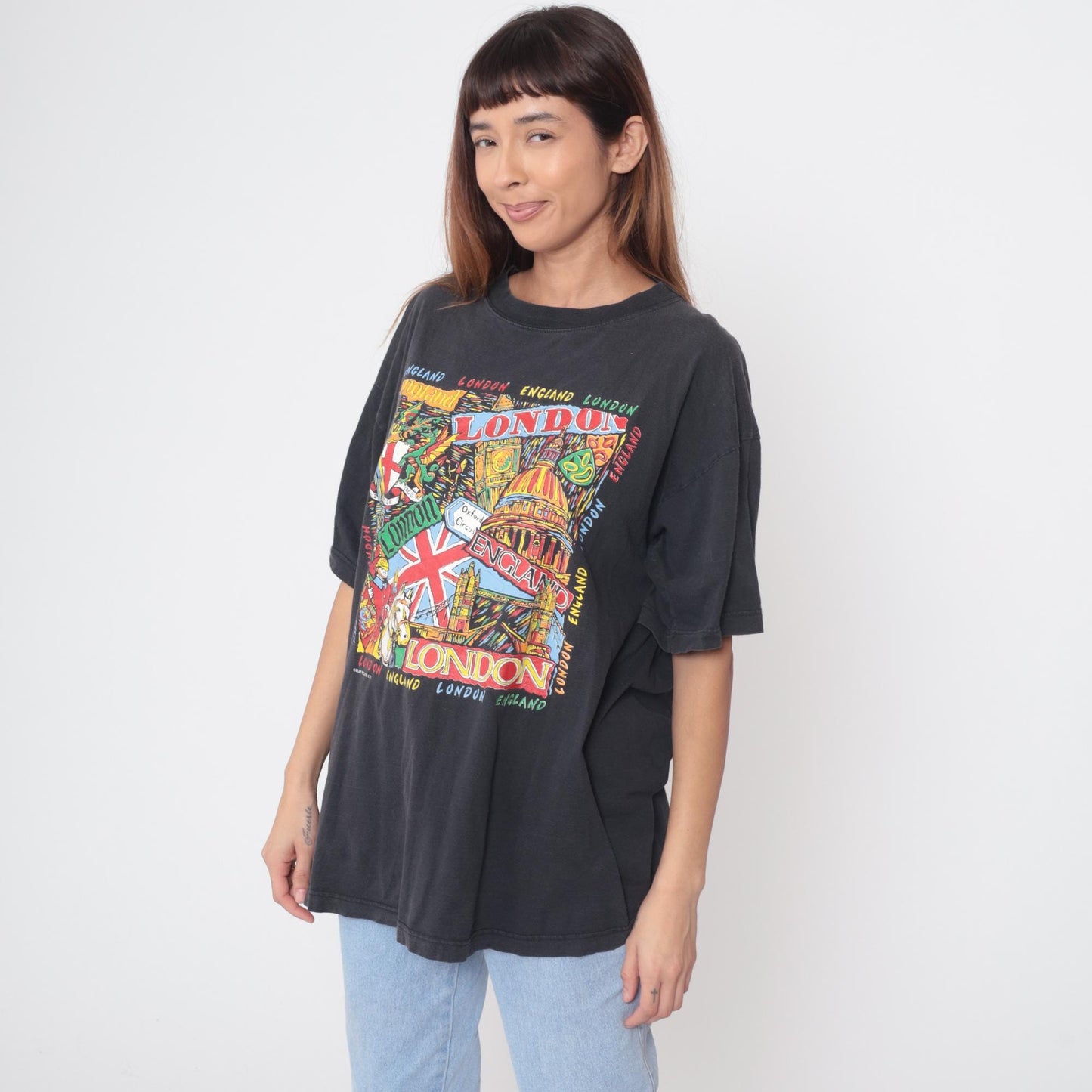 90s London Tourist Graphic Tee Black Union Jack Big Ben Extra Large XL