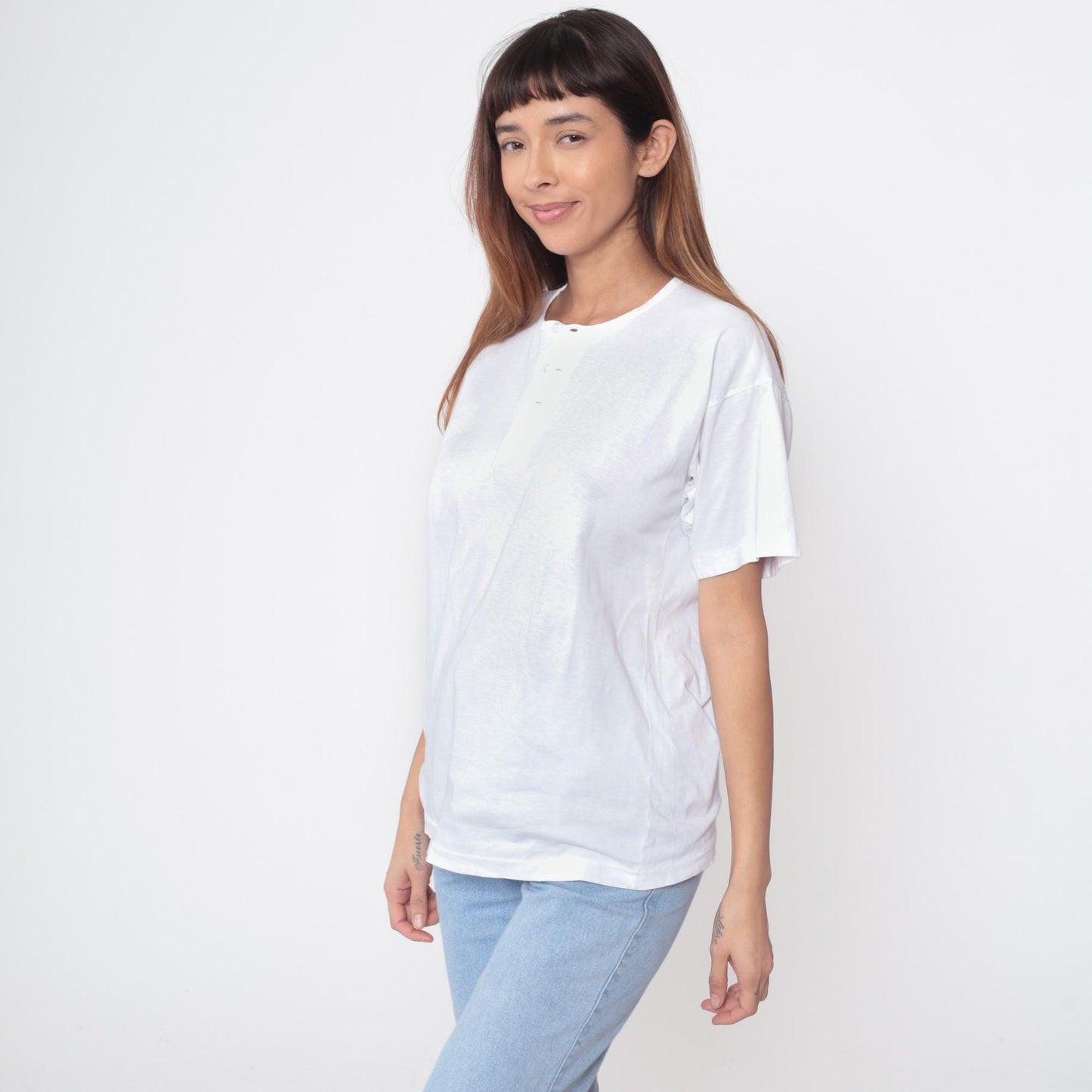 90s Lixin White Henley Cotton T-Shirt Button Placket Short Sleeve Medium
