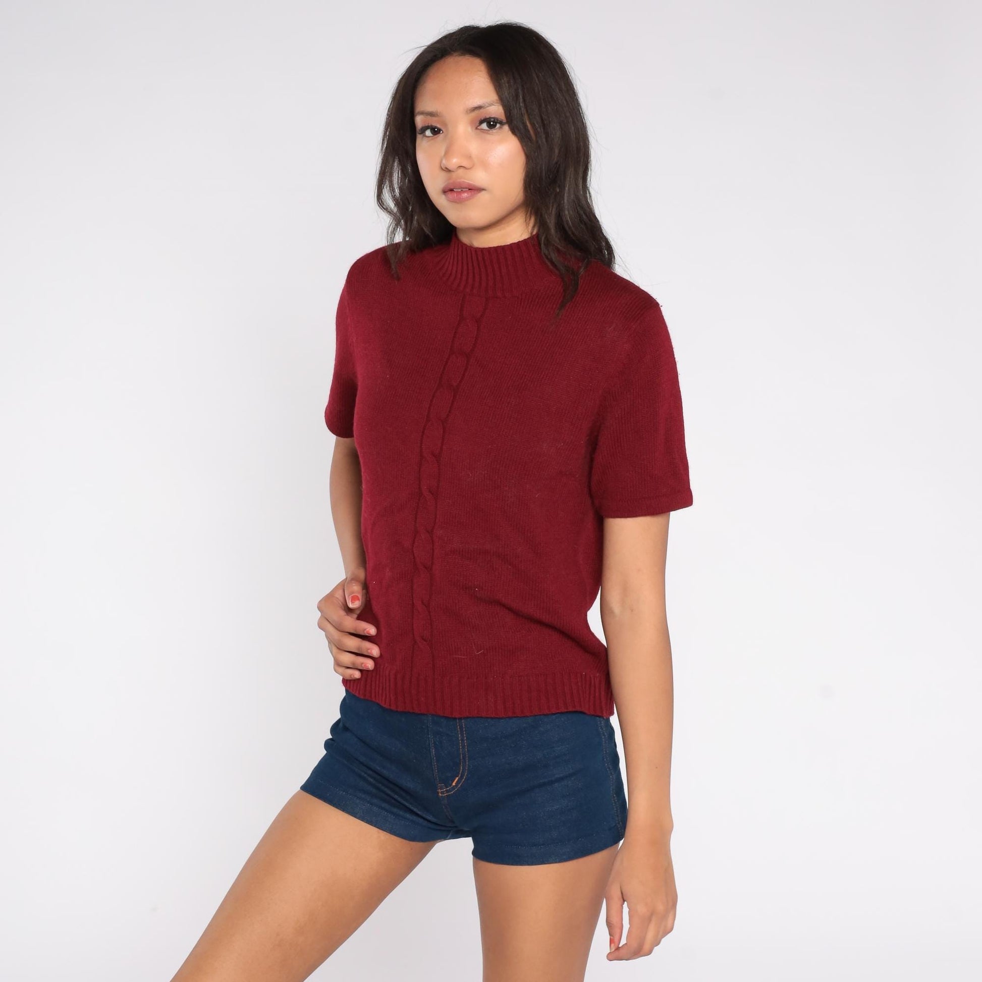 80s Joan Leslie Burgundy Mock Neck Ribbed Knit Top Short Sleeve Large L
