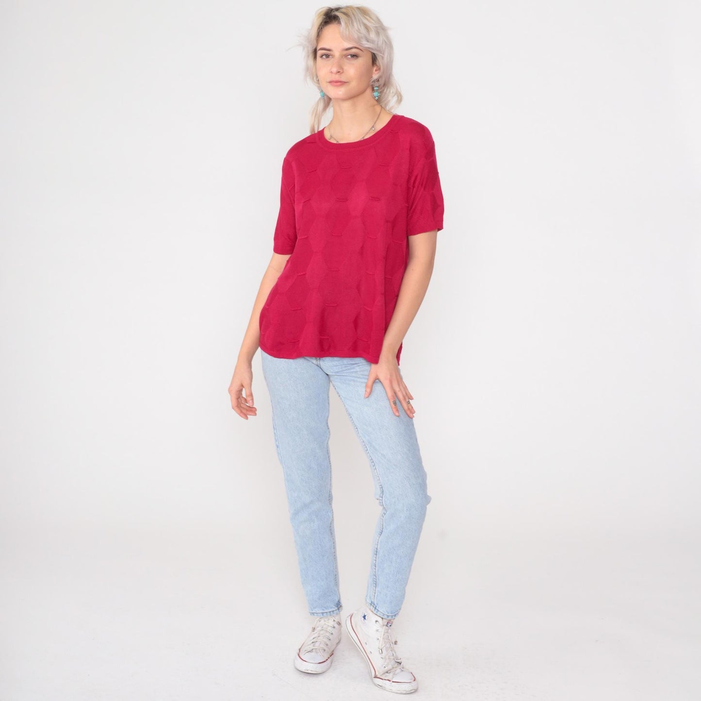 80s Red Horizontal Stripe Knit Sweater Crew Neck Short Sleeve Medium