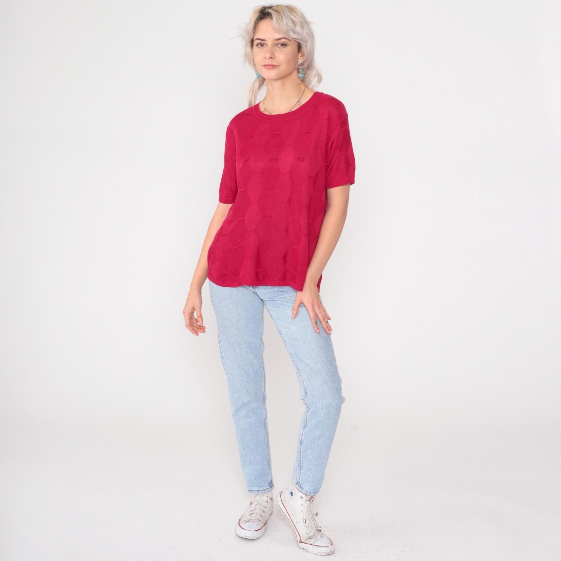 80s Red Horizontal Stripe Knit Sweater Crew Neck Short Sleeve Medium