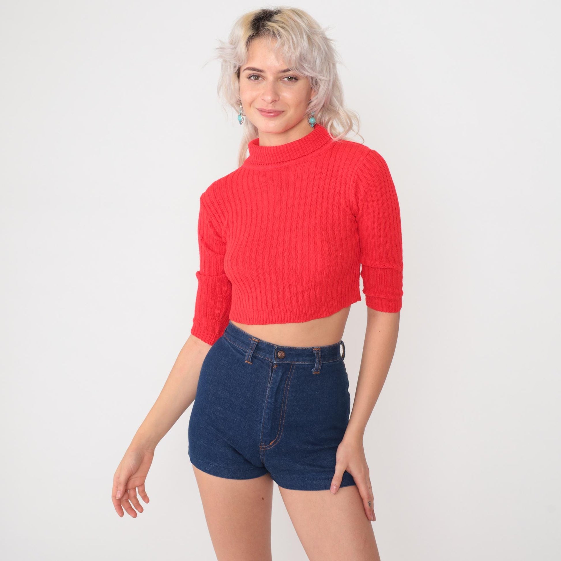 70s Red Ribbed Knit Crop Sweater Mock Neck Three Quarter Sleeve Small