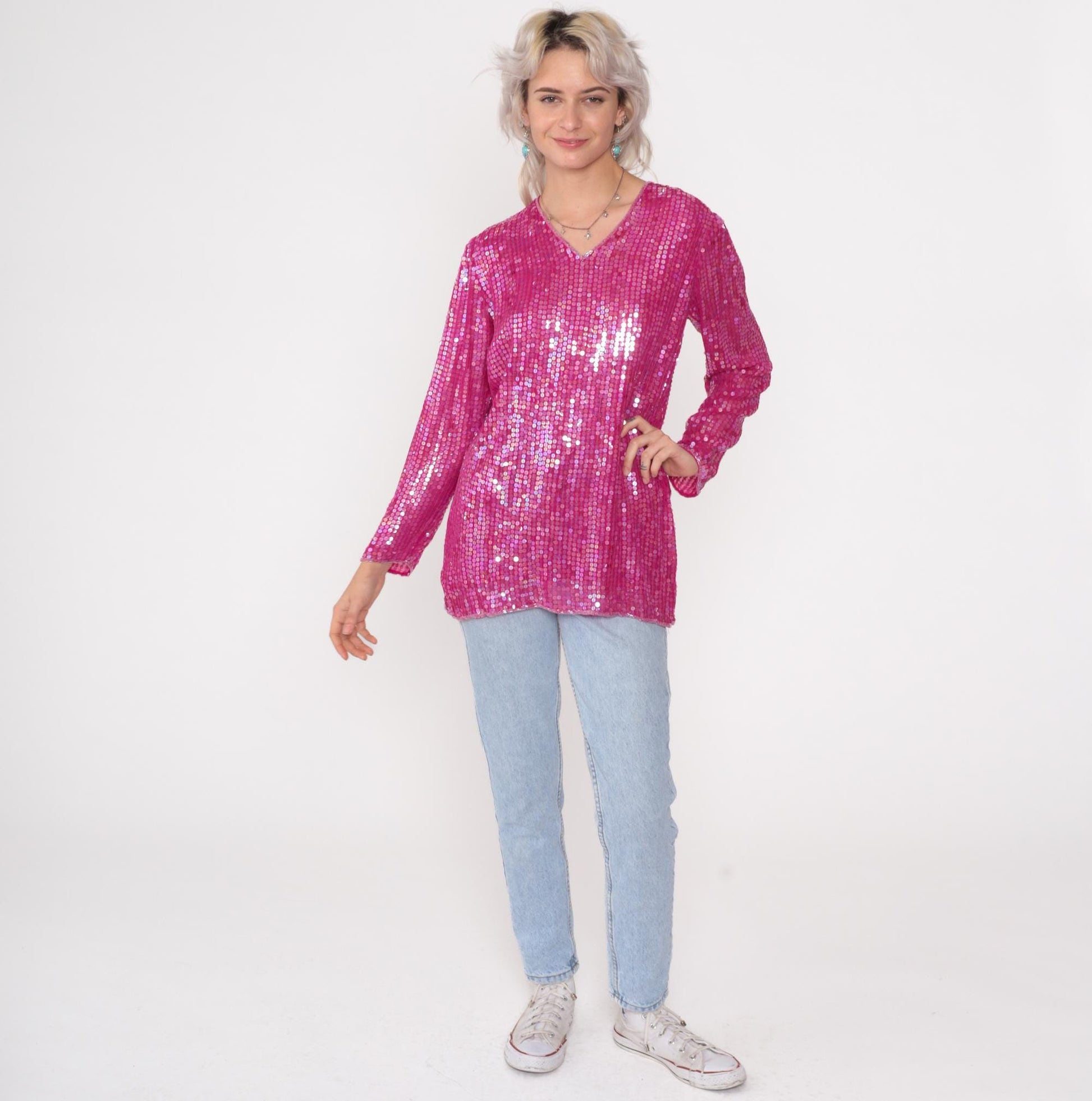 90s Hot Pink Sequin Silk Blouse Iridescent V-Neck Long Sleeve Small
