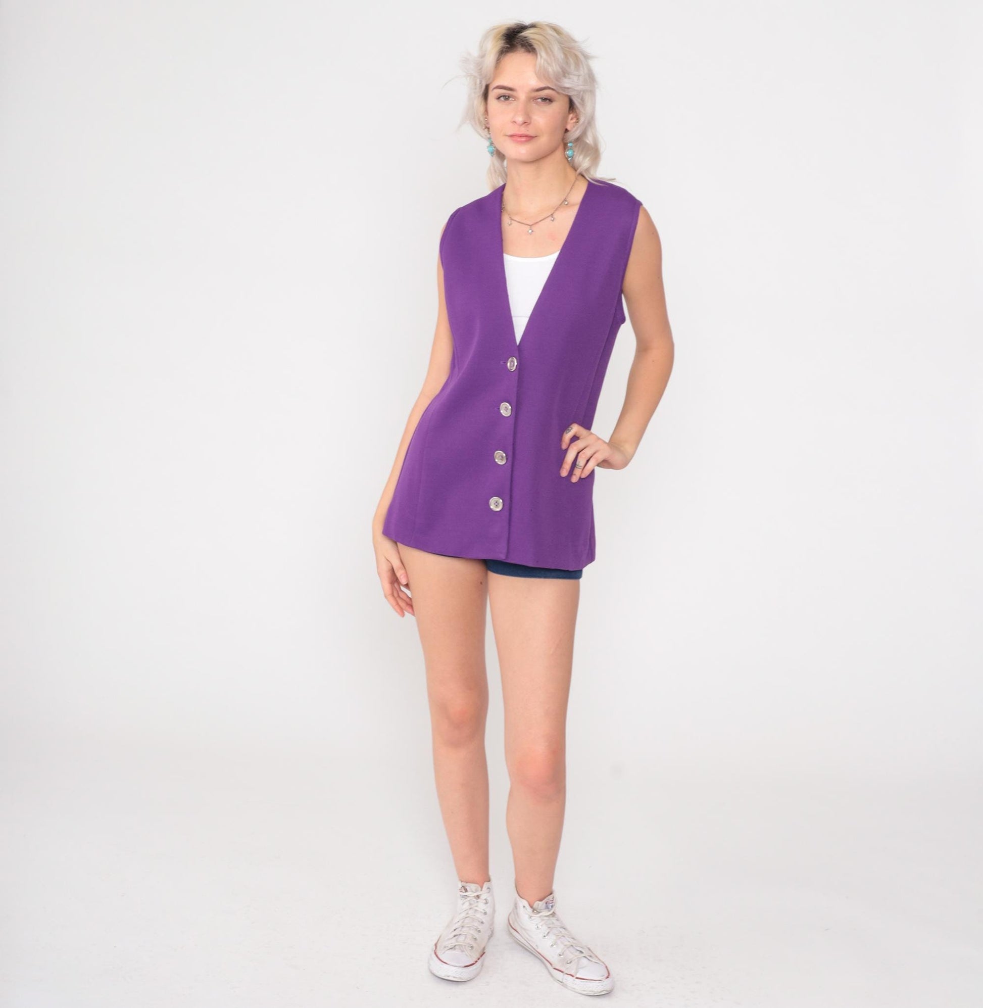 70s Purple Button Front Vest V Neck Textured Knit Sleeveless Waistcoat Medium