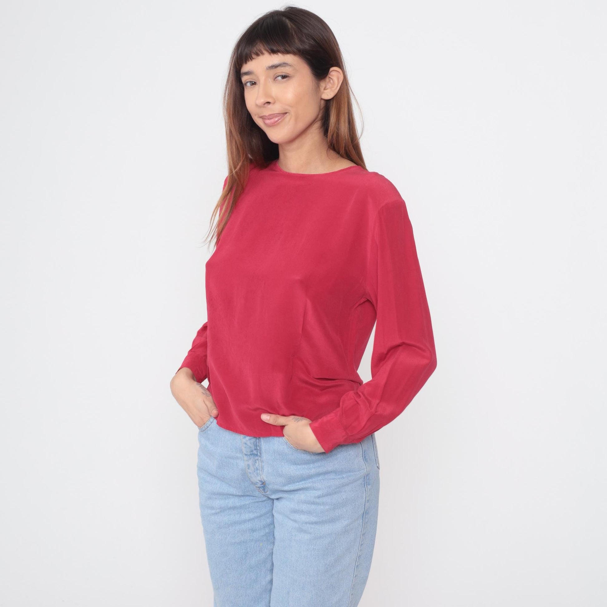 90s Clio Red Silk Blouse Keyhole Back Button Cuff Medium M