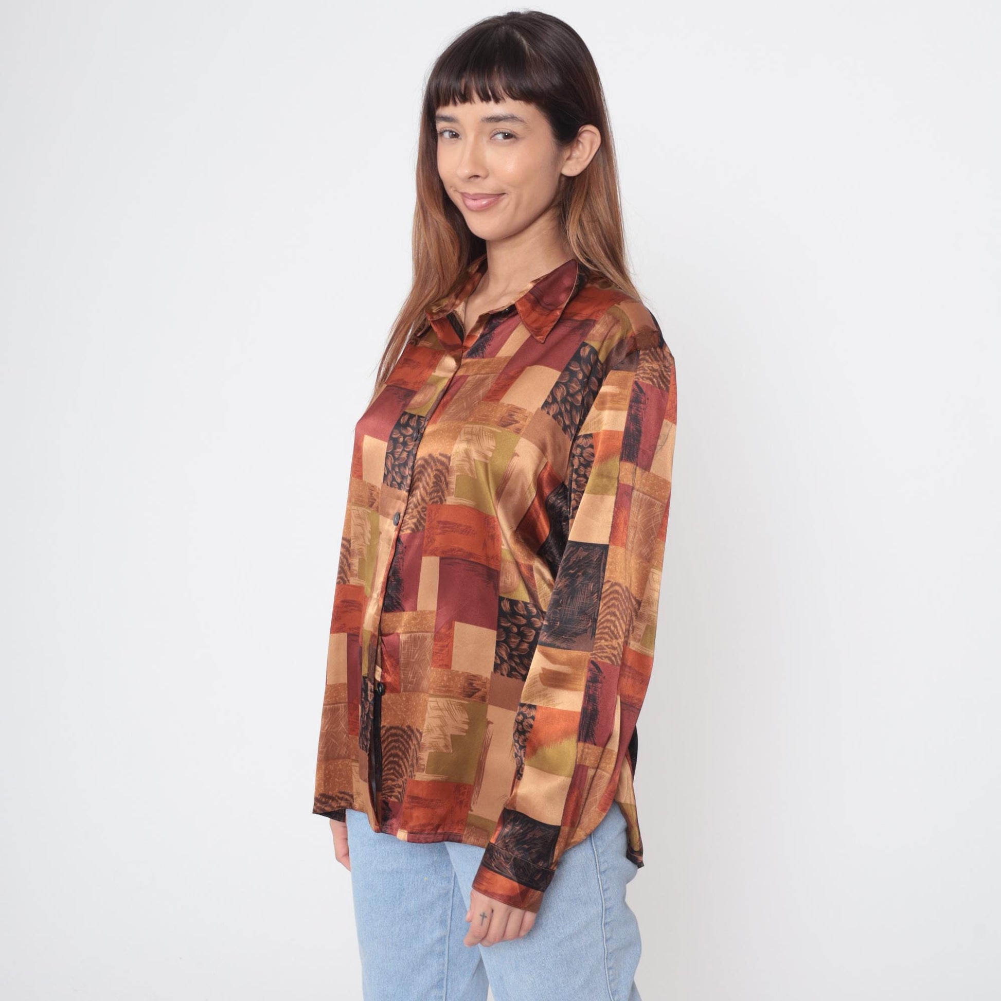 90s Abstract Geometric Patchwork Button-Up Shirt Brown Rust Long Sleeve Large