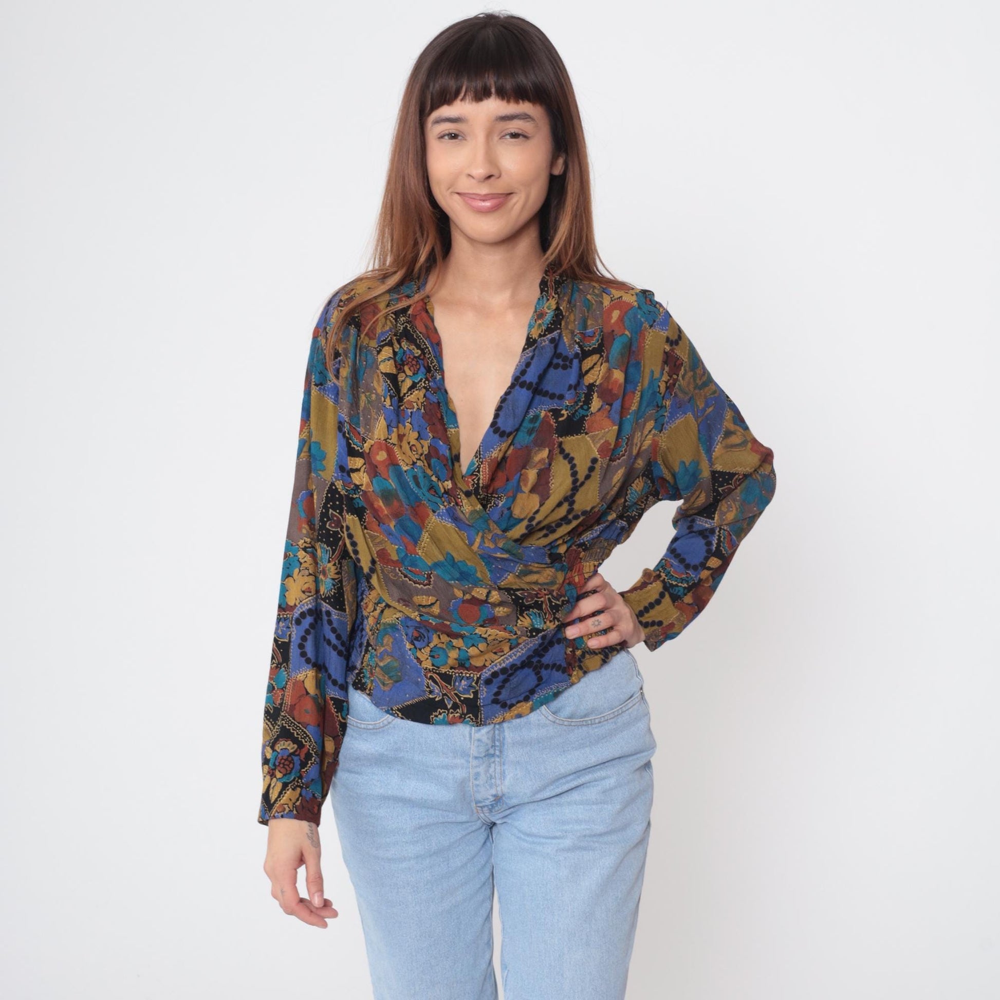 90s Ms Interpret Wrap Blouse Abstract Patchwork Long Sleeve Medium M