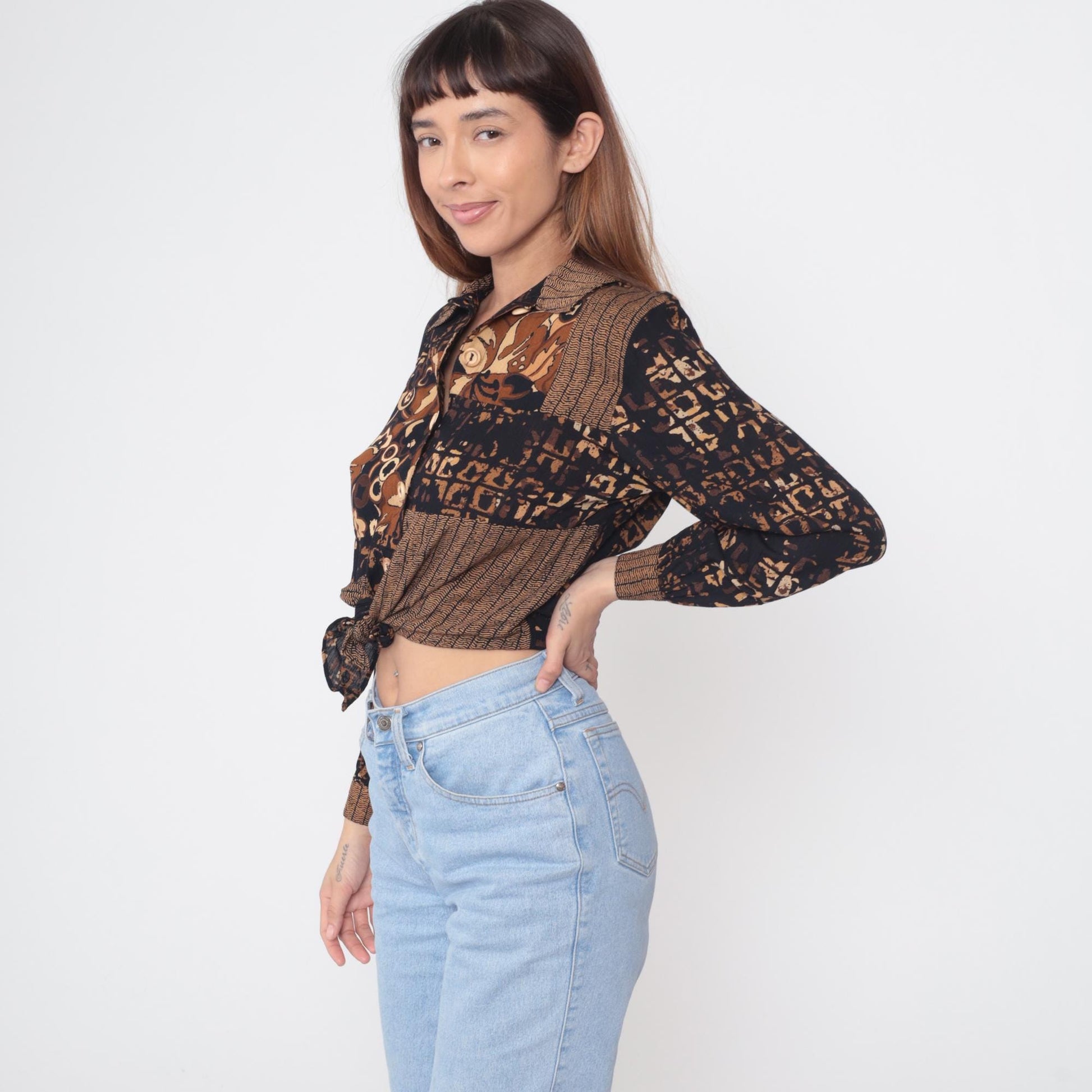 90s Carole Little Abstract Geometric Tie Front Crop Top Brown Small