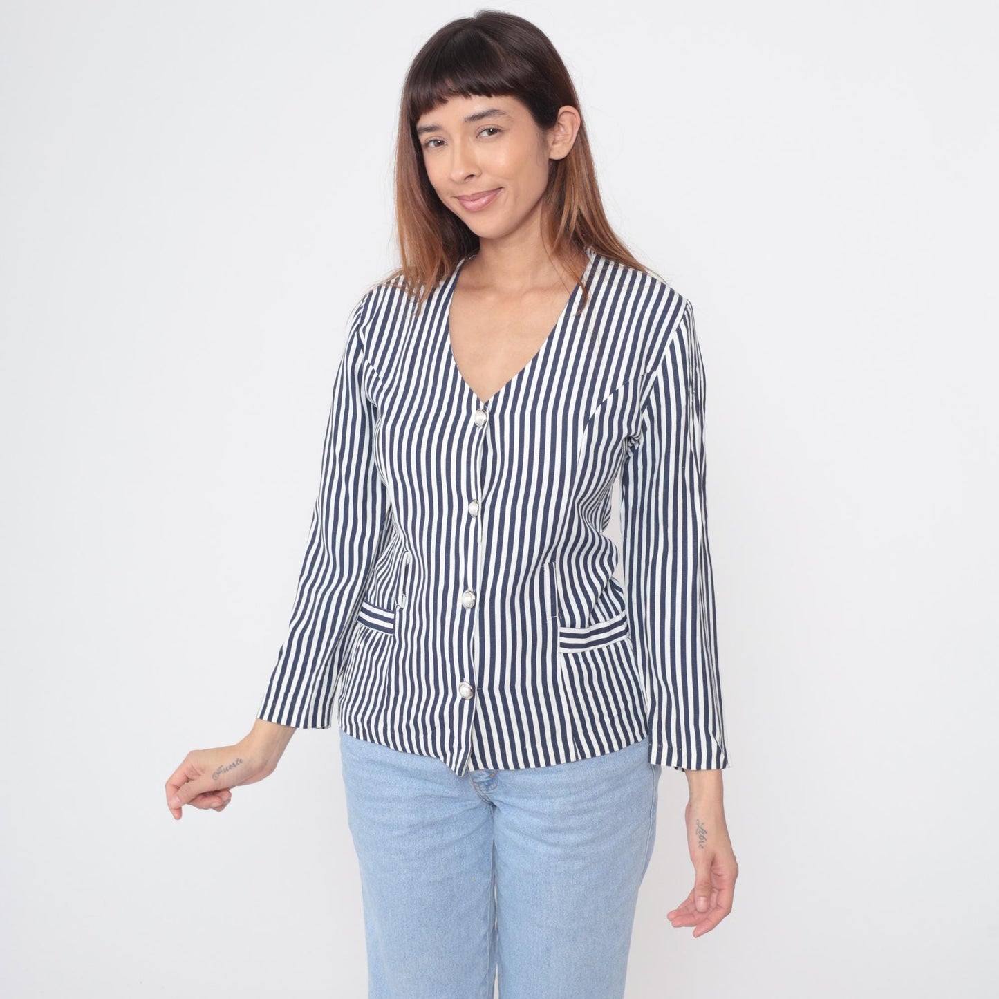 80s Nautical Striped Button-Front Blouse Navy White Pearl Buttons Medium