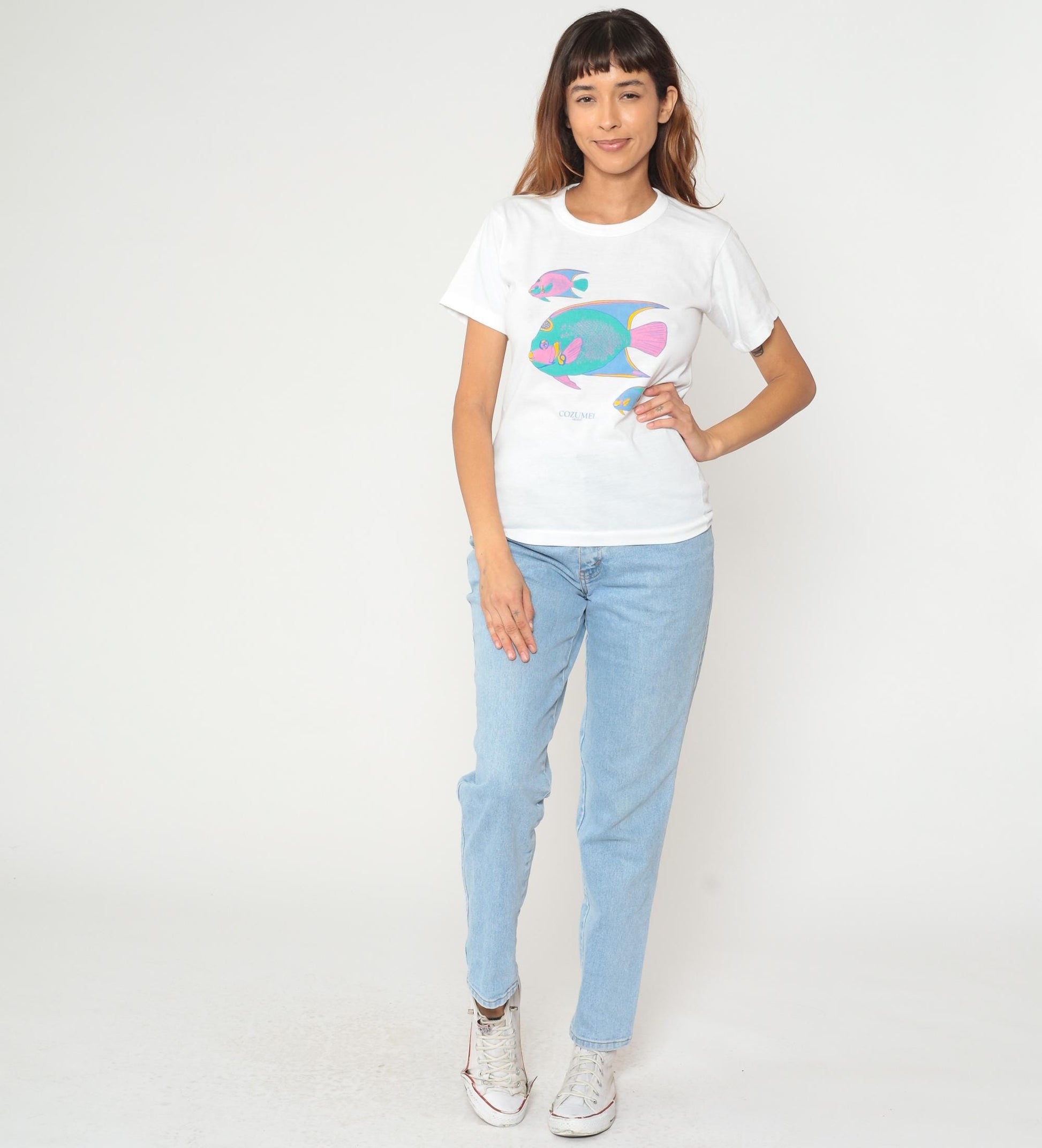 Y2K Cozumel Mexico Tropical Fish Graphic Tee White Cotton Small