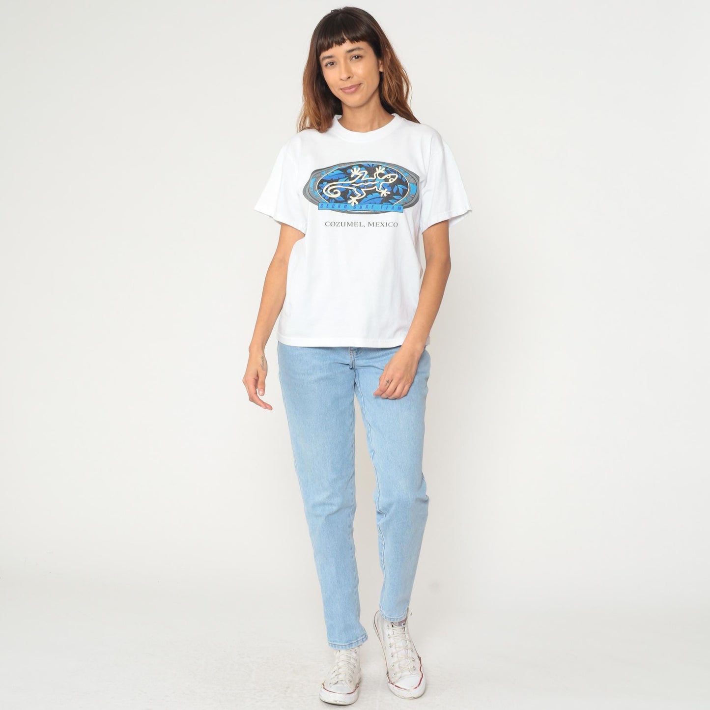 Y2K Gecko Surf Team Cozumel Mexico White Cotton Graphic Tee Medium