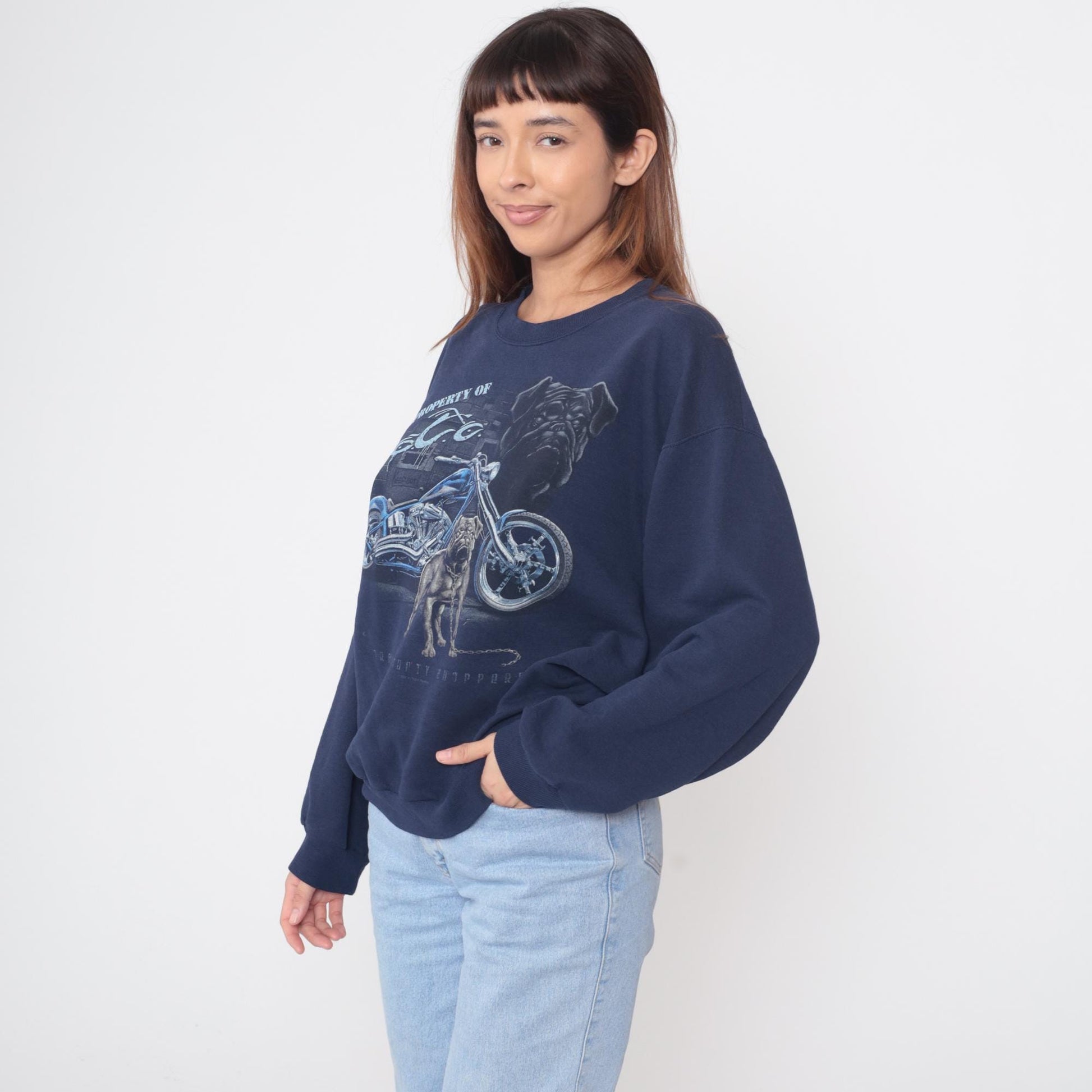 90s Jerzees Biker Sweatshirt Navy Blue Bulldog Motorcycle Graphic Medium M