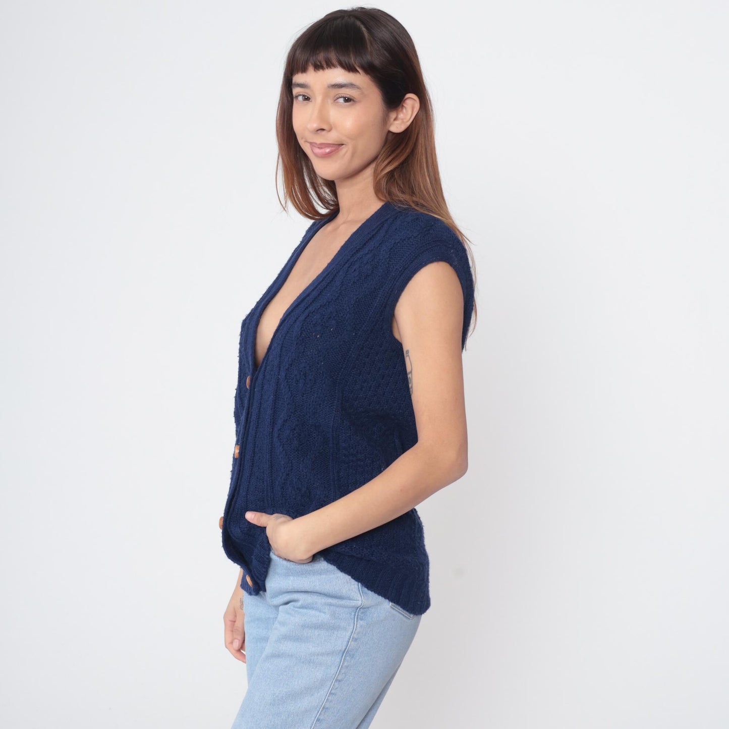 70s Navy Cable Knit Vest Deep V Button Front Sleeveless Medium