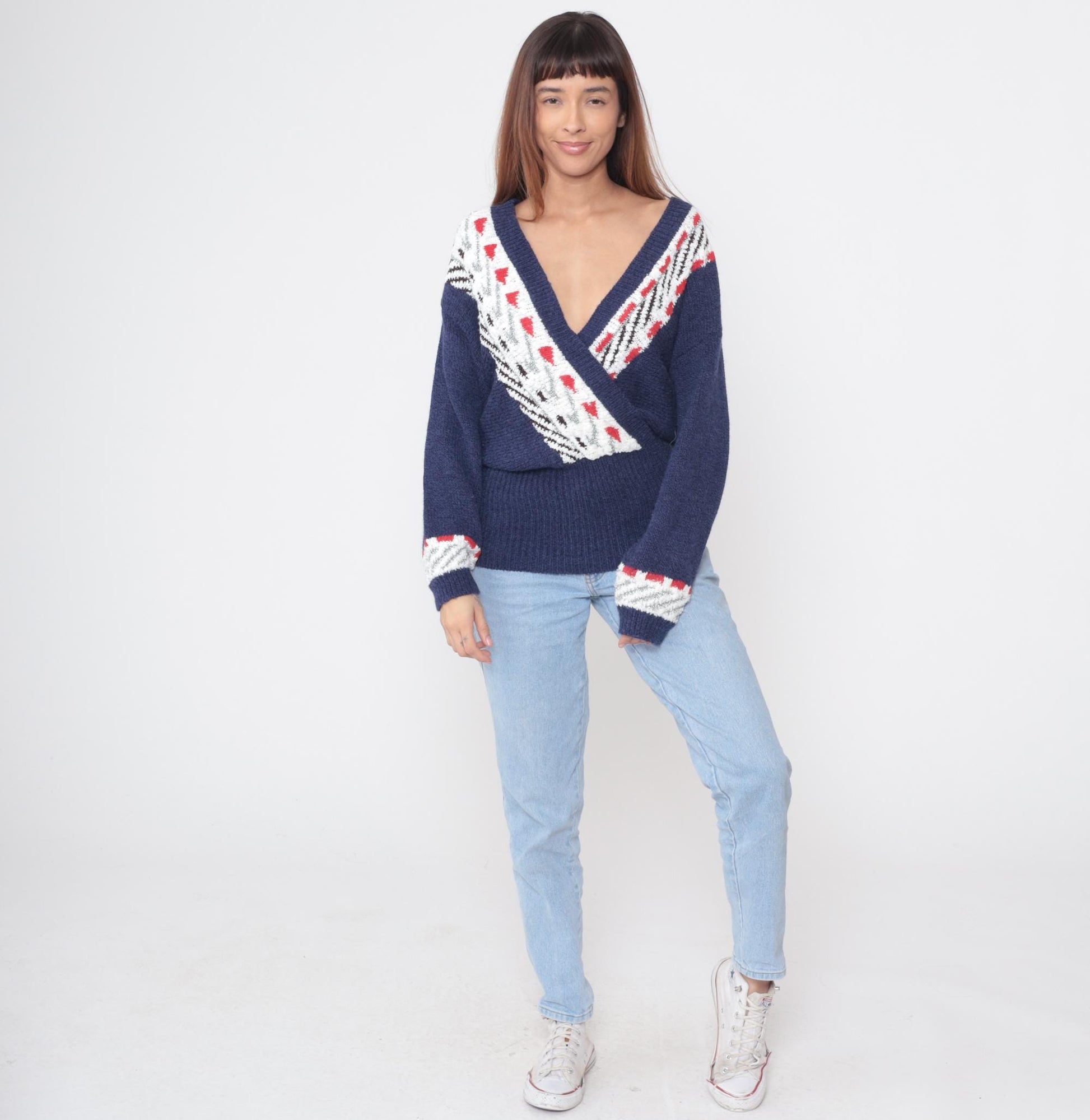 80s Carducci Navy Geometric Knit Pullover Balloon Sleeve V-Neck Large L