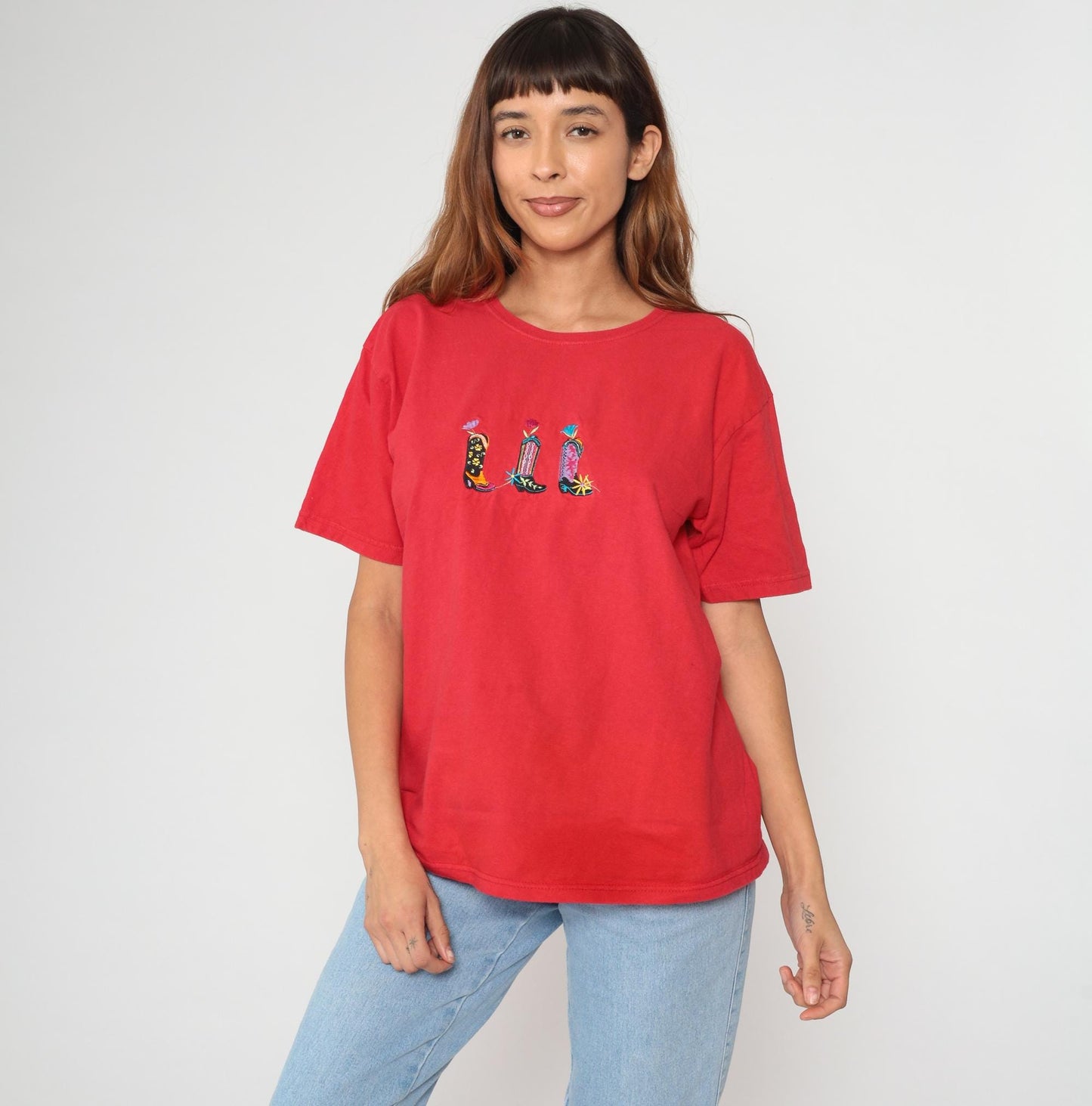 90s Cowboy Boot Embroidered Cotton T-Shirt Red Graphic Tee Medium M