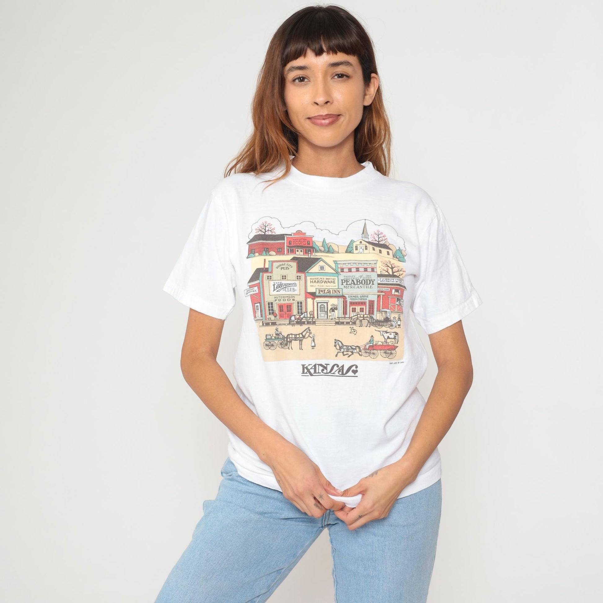 90s Oneita Peabody Kansas Western Town Graphic Tee White Cotton Medium