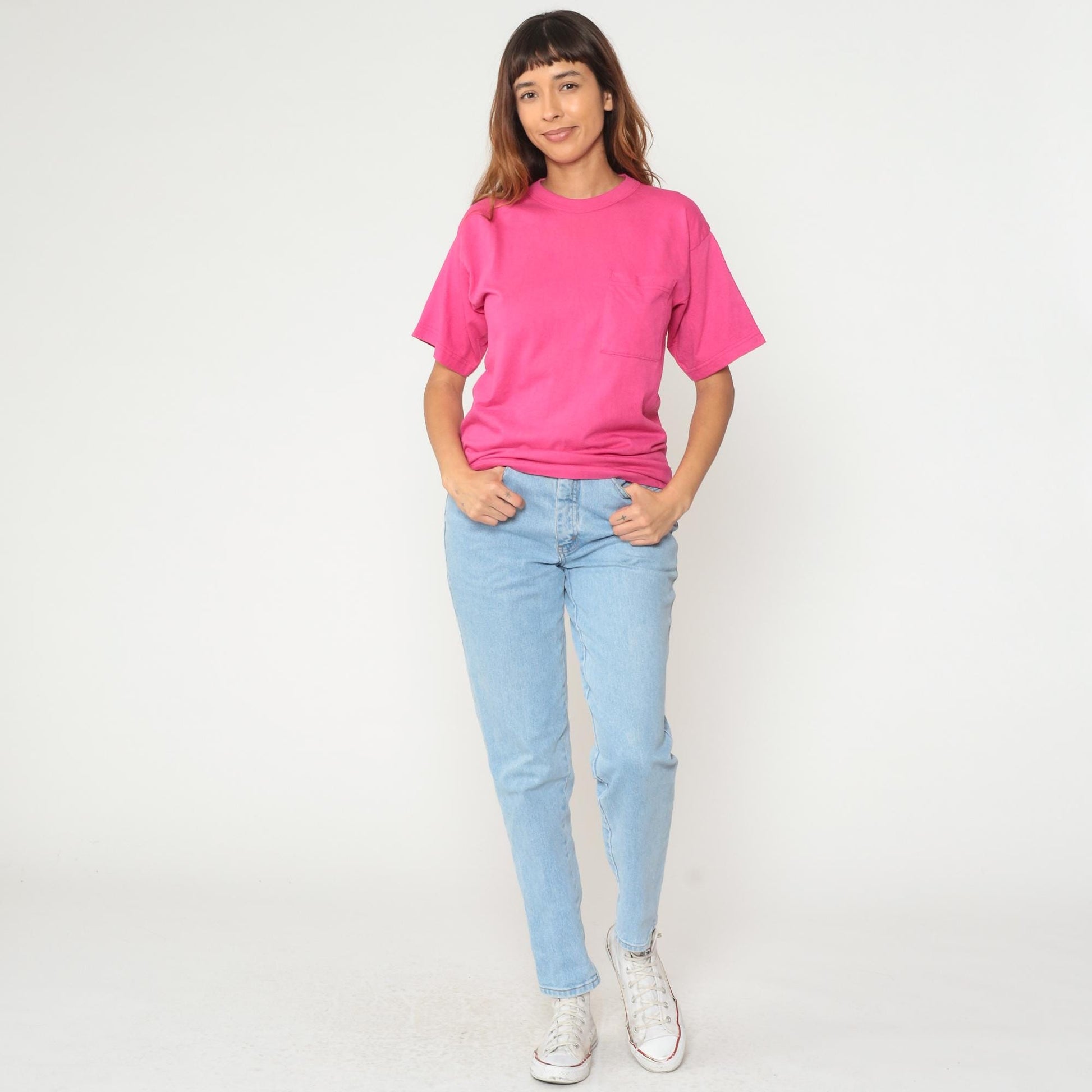 90s Pink Pocket T-Shirt Cotton Single Stitch Vintage Tee Small S