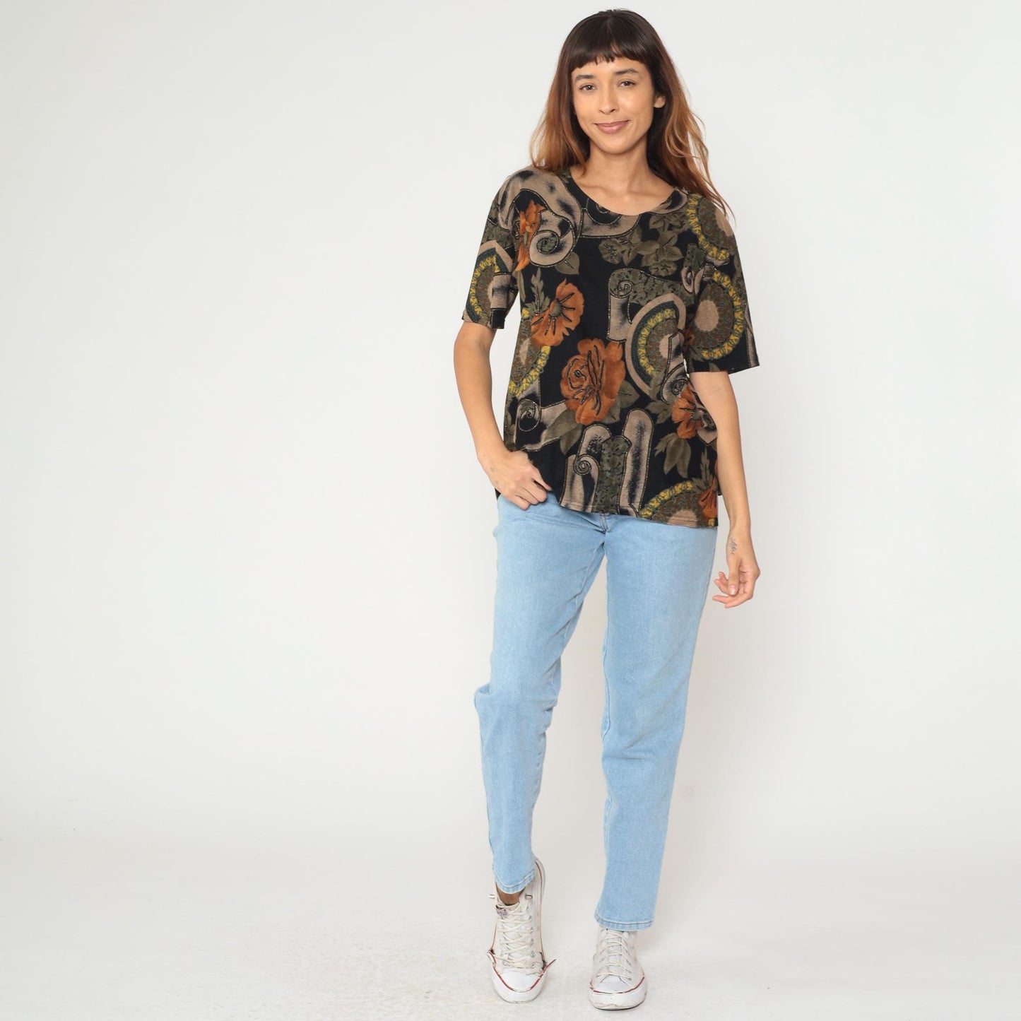90s Jostar Floral Scroll Print T-Shirt Black Rust Orange Olive Large