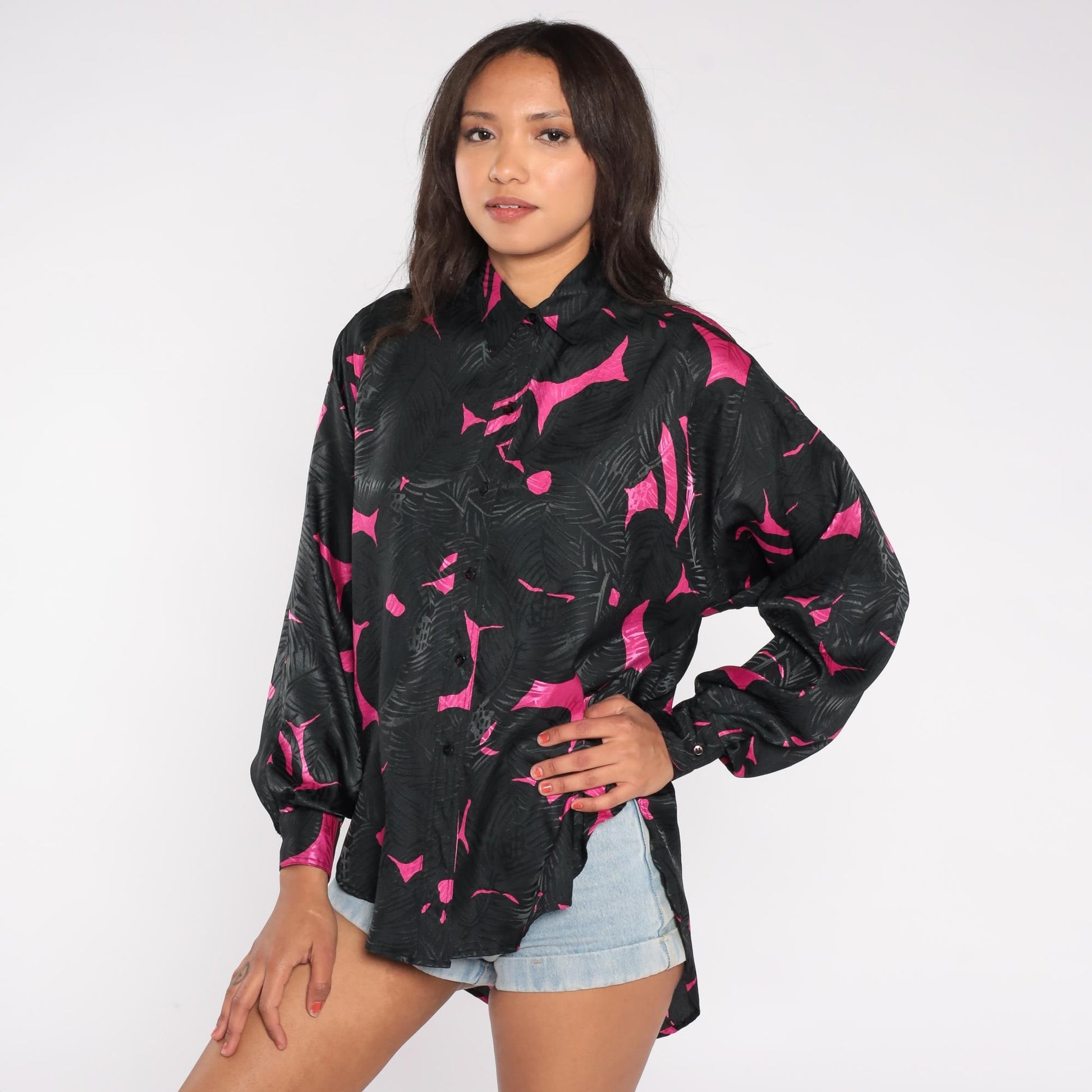 90s Termeh New York Abstract Button Down Blouse Hot Pink Black Medium