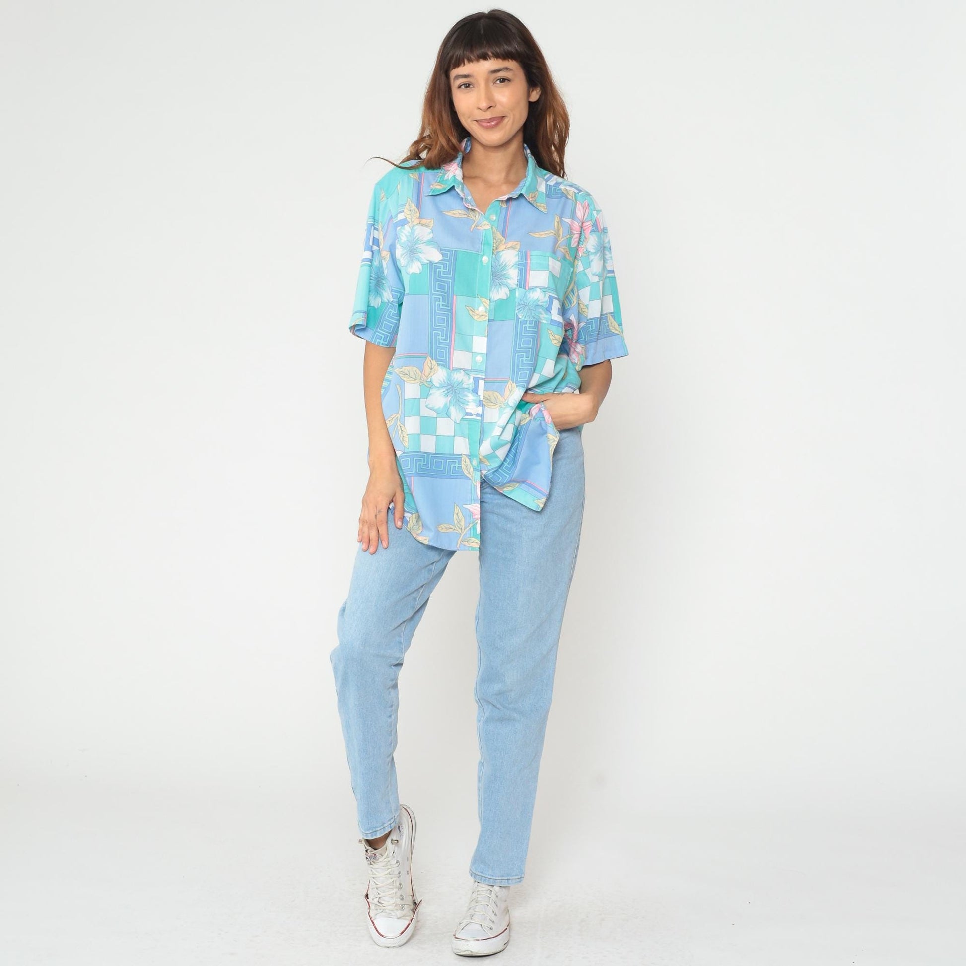 80s Alfred Dunner Tropical Floral Geometric Button Up Shirt Blue Teal Extra Large XL
