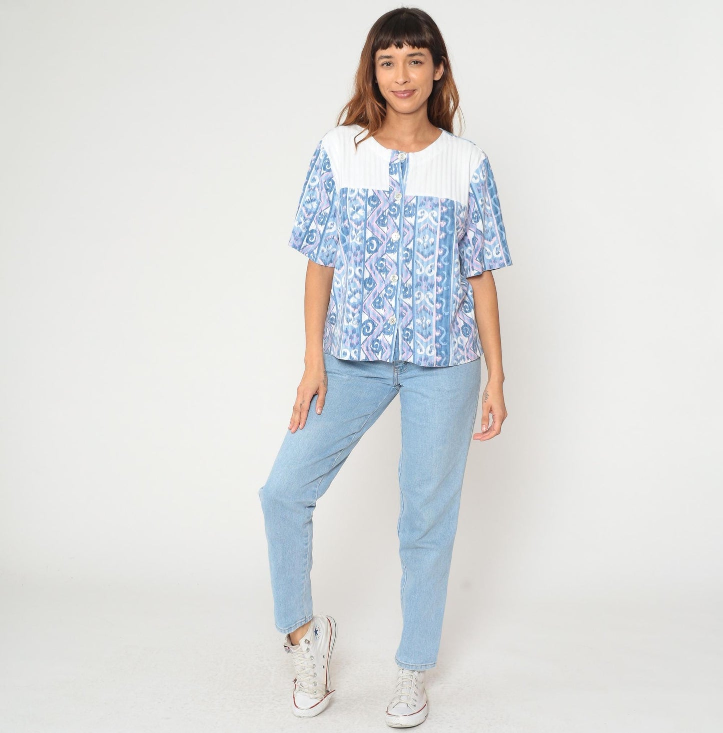 90s Blue Ikat Geometric Print Cotton Blouse Button Front Tribal Pattern Large L