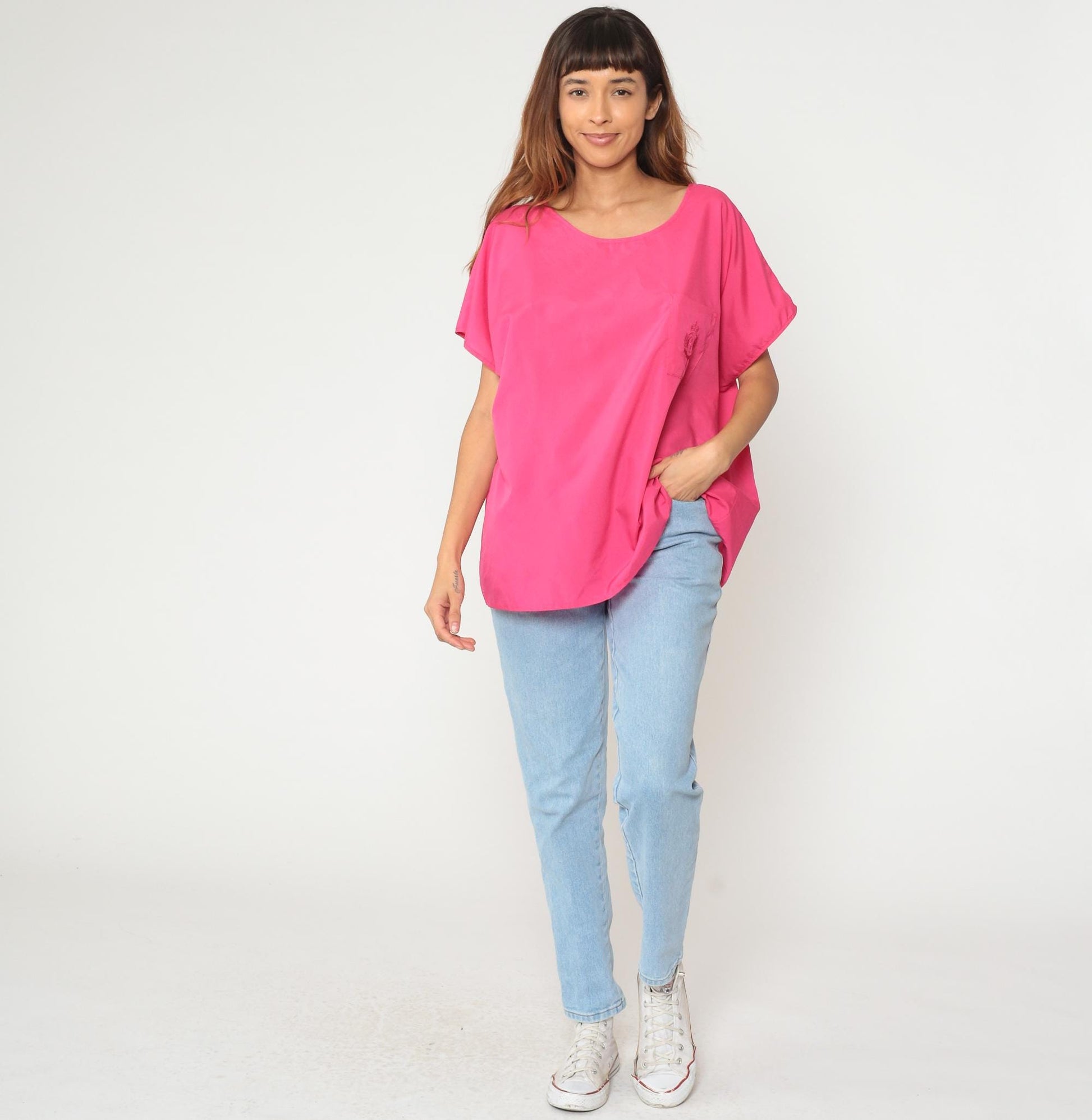 90s Hot Pink Polyester Tunic Top Short Sleeve Scoop Neck Extra Large XXL