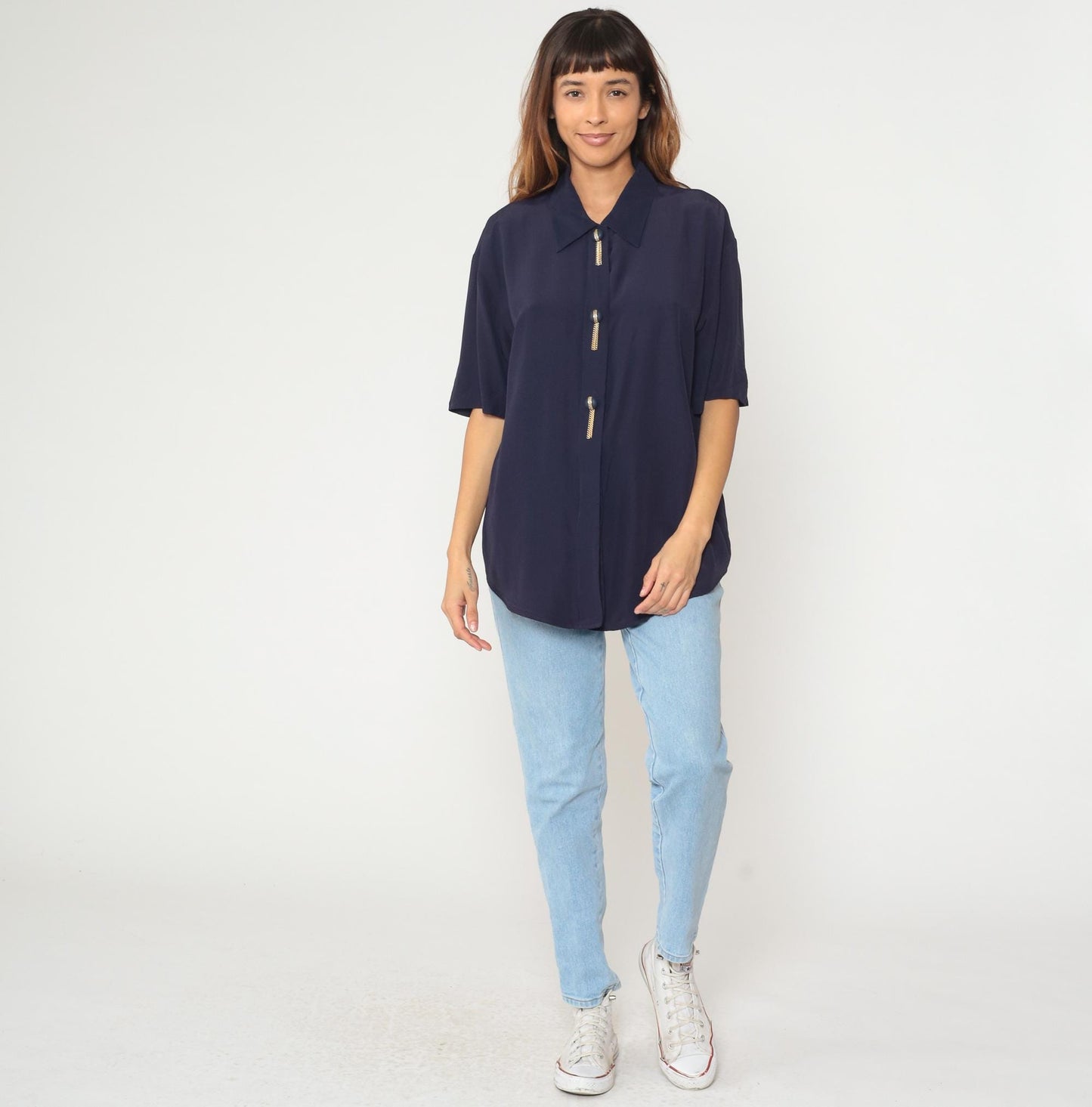 90s Navy Blouse with Gold Chain Detail Short Sleeve Point Collar Large L